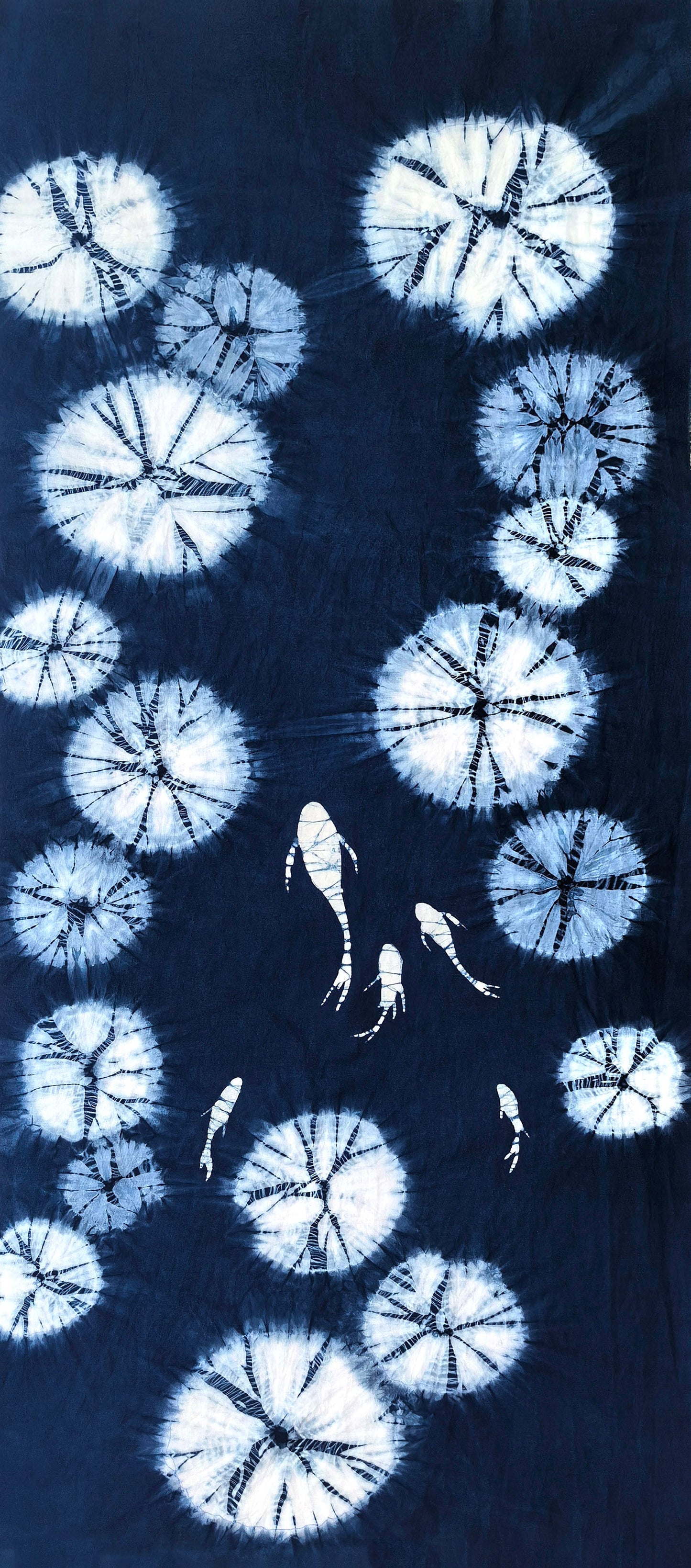 Handmade Indigo Batik Swimming Fish Lotus Pond Wall Hanging, Linen Tea Mat, Japandi Textile Art, Zen Wall Decor, Wabi Sabi Home Decor