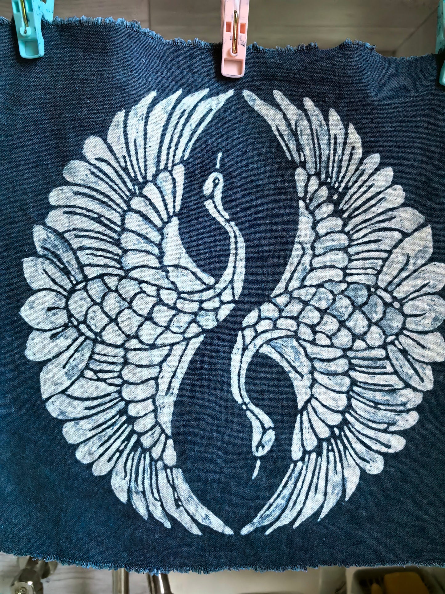 Indigo Batik Twin Cranes Linen Wall Art | Handmade Taiji Yin Yang Textile | Traditional Wax Resist Batik | Zen Home Décor | Meaningful Gift