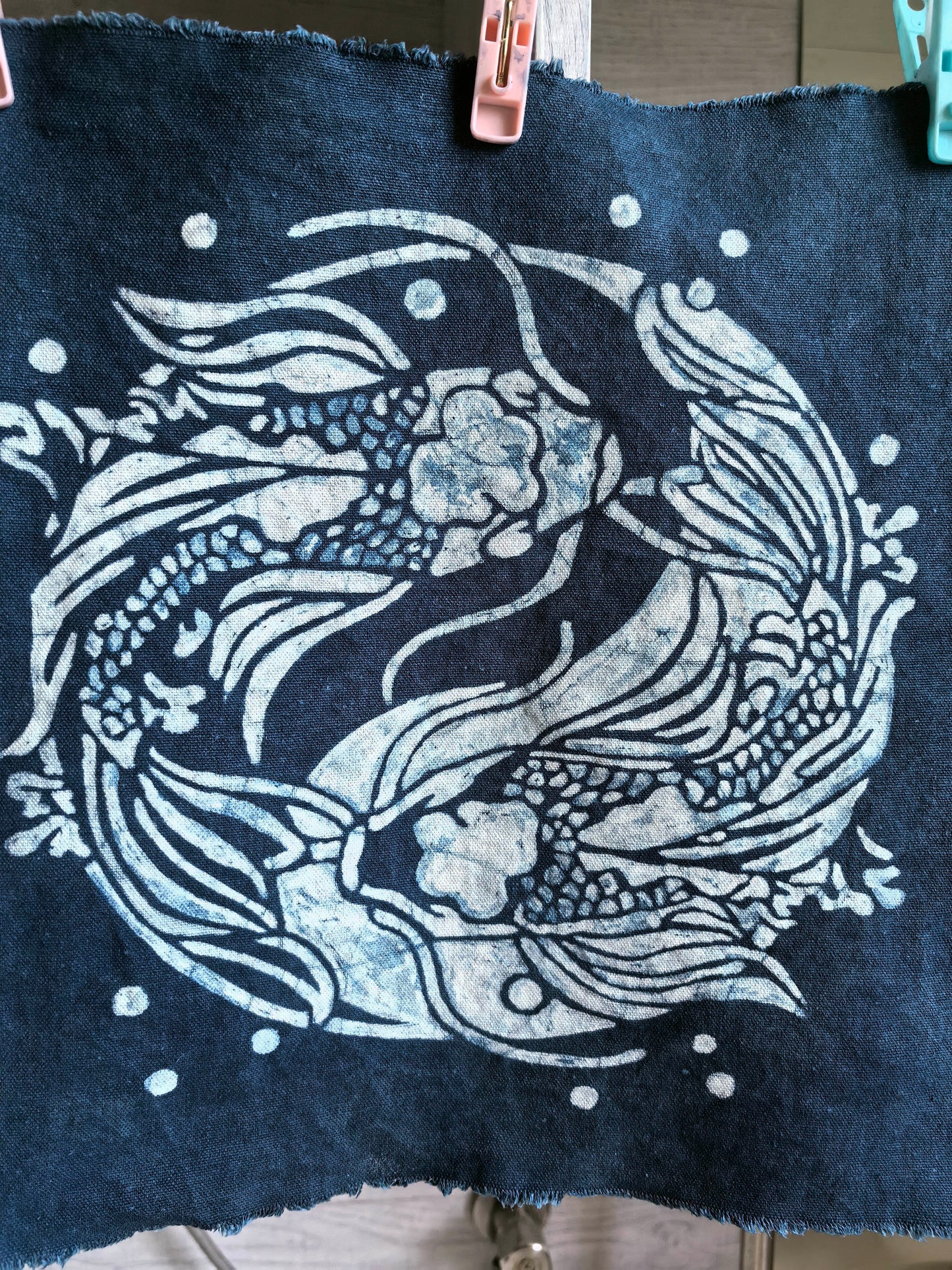 Indigo Batik Twin Koi Linen Wall Art | Handmade Taiji Yin Yang Textile | Traditional Wax Resist Batik | Zen Home Décor | Meaningful Gift
