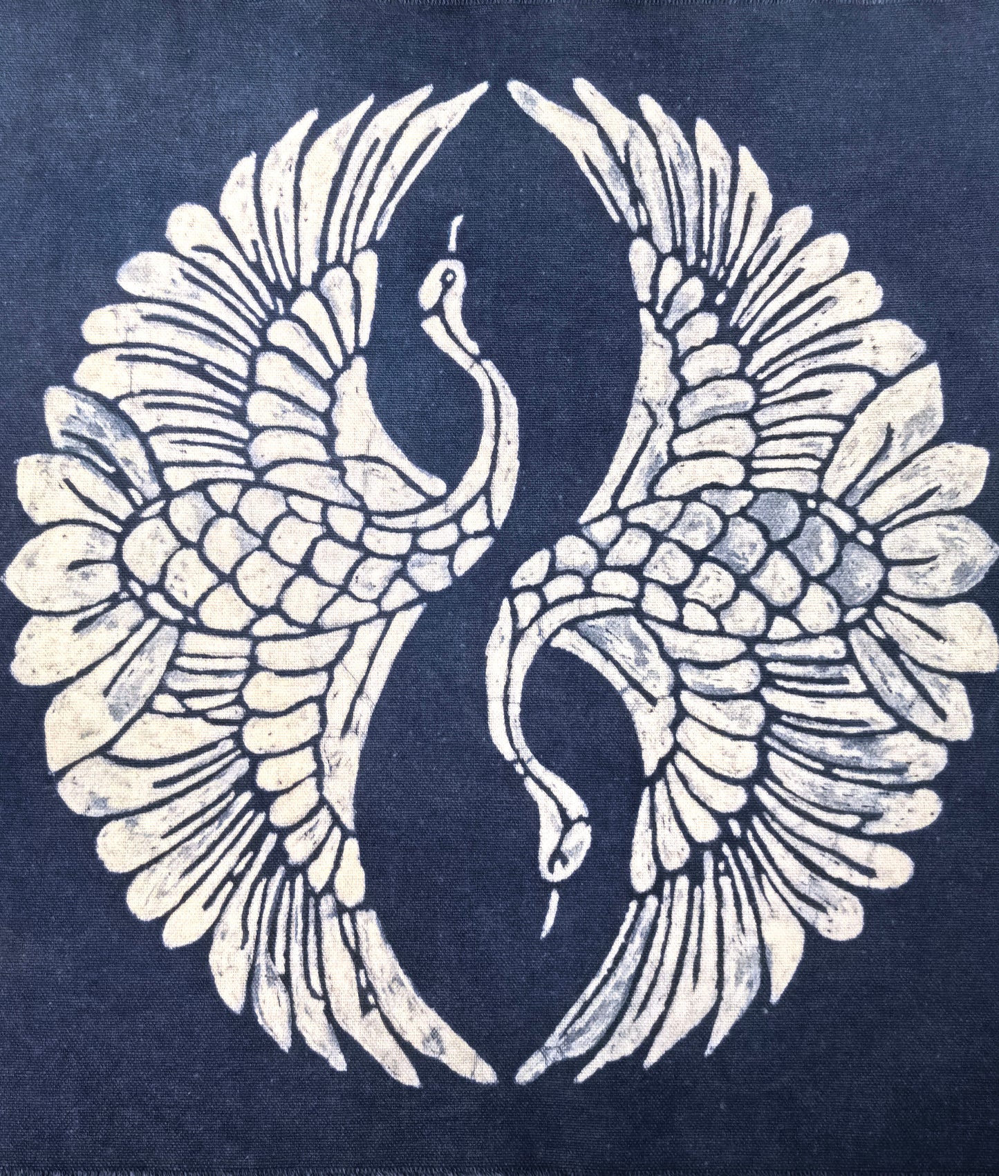 Indigo Batik Twin Cranes Linen Wall Art | Handmade Taiji Yin Yang Textile | Traditional Wax Resist Batik | Zen Home Décor | Meaningful Gift
