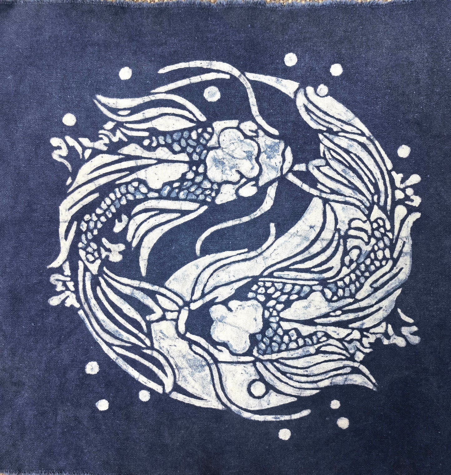 Indigo Batik Twin Koi Linen Wall Art | Handmade Taiji Yin Yang Textile | Traditional Wax Resist Batik | Zen Home Décor | Meaningful Gift