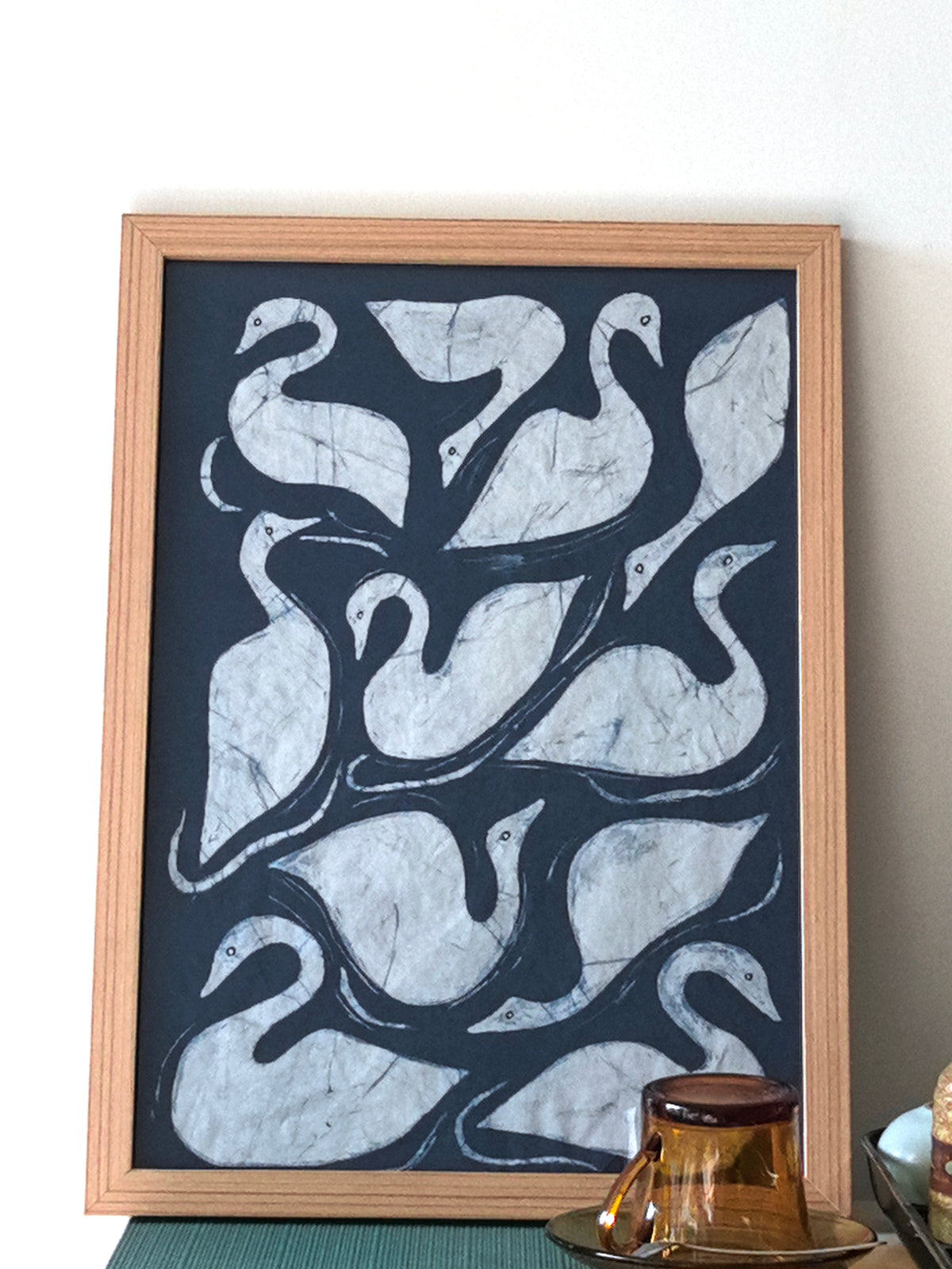 Indigo Batik Swan Wall Art | Handmade Linen Textile | Traditional Wax Resist Batik | Japandi Home Décor | Zen Wall Art | Meaningful Gift