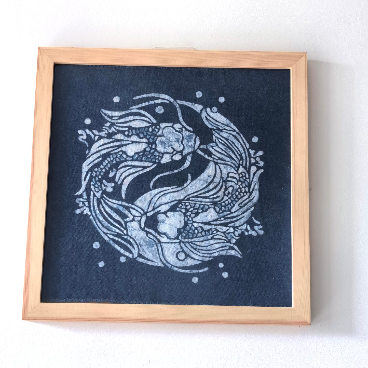 Indigo Batik Twin Koi Linen Wall Art | Handmade Taiji Yin Yang Textile | Traditional Wax Resist Batik | Zen Home Décor | Meaningful Gift