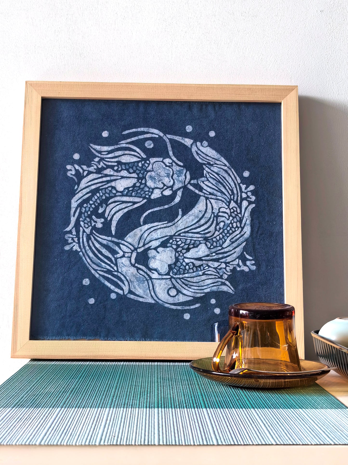 Indigo Batik Twin Koi Linen Wall Art | Handmade Taiji Yin Yang Textile | Traditional Wax Resist Batik | Zen Home Décor | Meaningful Gift