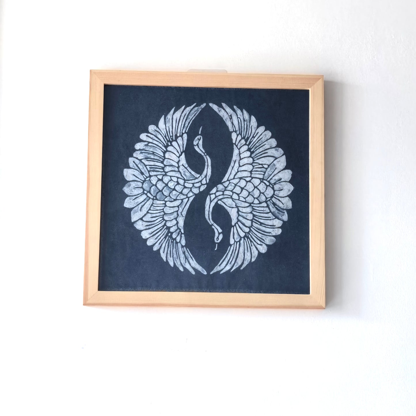 Indigo Batik Twin Cranes Linen Wall Art | Handmade Taiji Yin Yang Textile | Traditional Wax Resist Batik | Zen Home Décor | Meaningful Gift