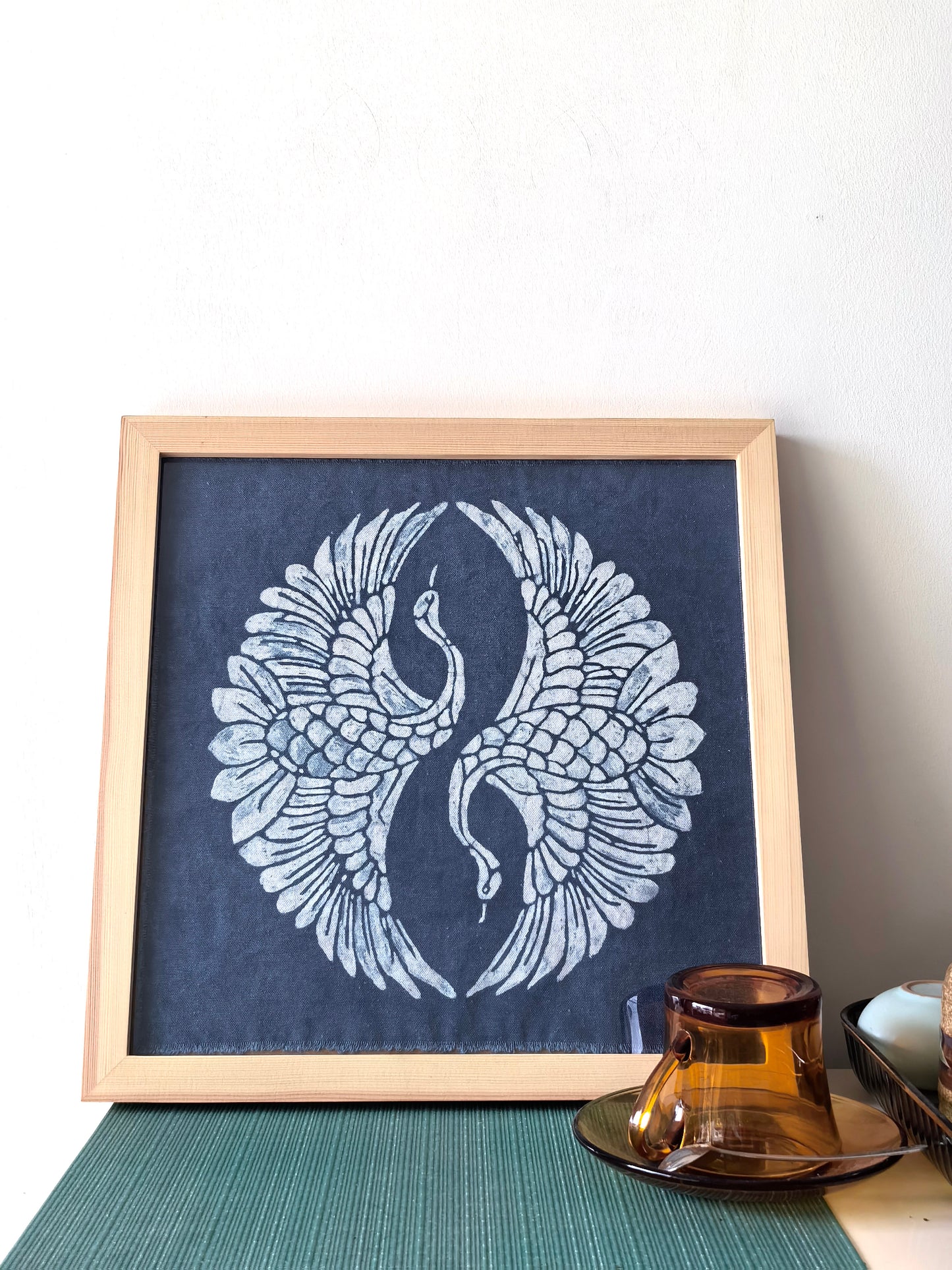 Indigo Batik Twin Cranes Linen Wall Art | Handmade Taiji Yin Yang Textile | Traditional Wax Resist Batik | Zen Home Décor | Meaningful Gift