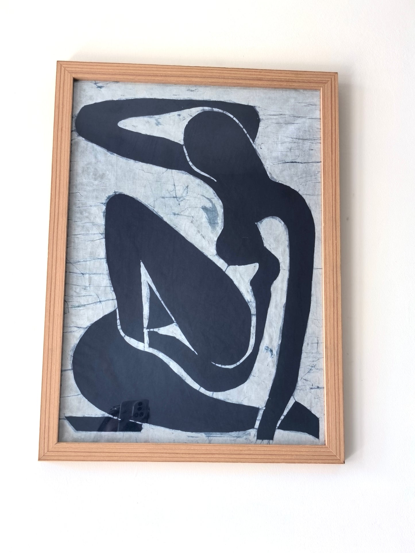 Handmade Indigo Batik Wall Art | Homage to Matisse Blue Nude | Abstract Figurative Textile Art on Linen | Modern Minimalist Framed Decor