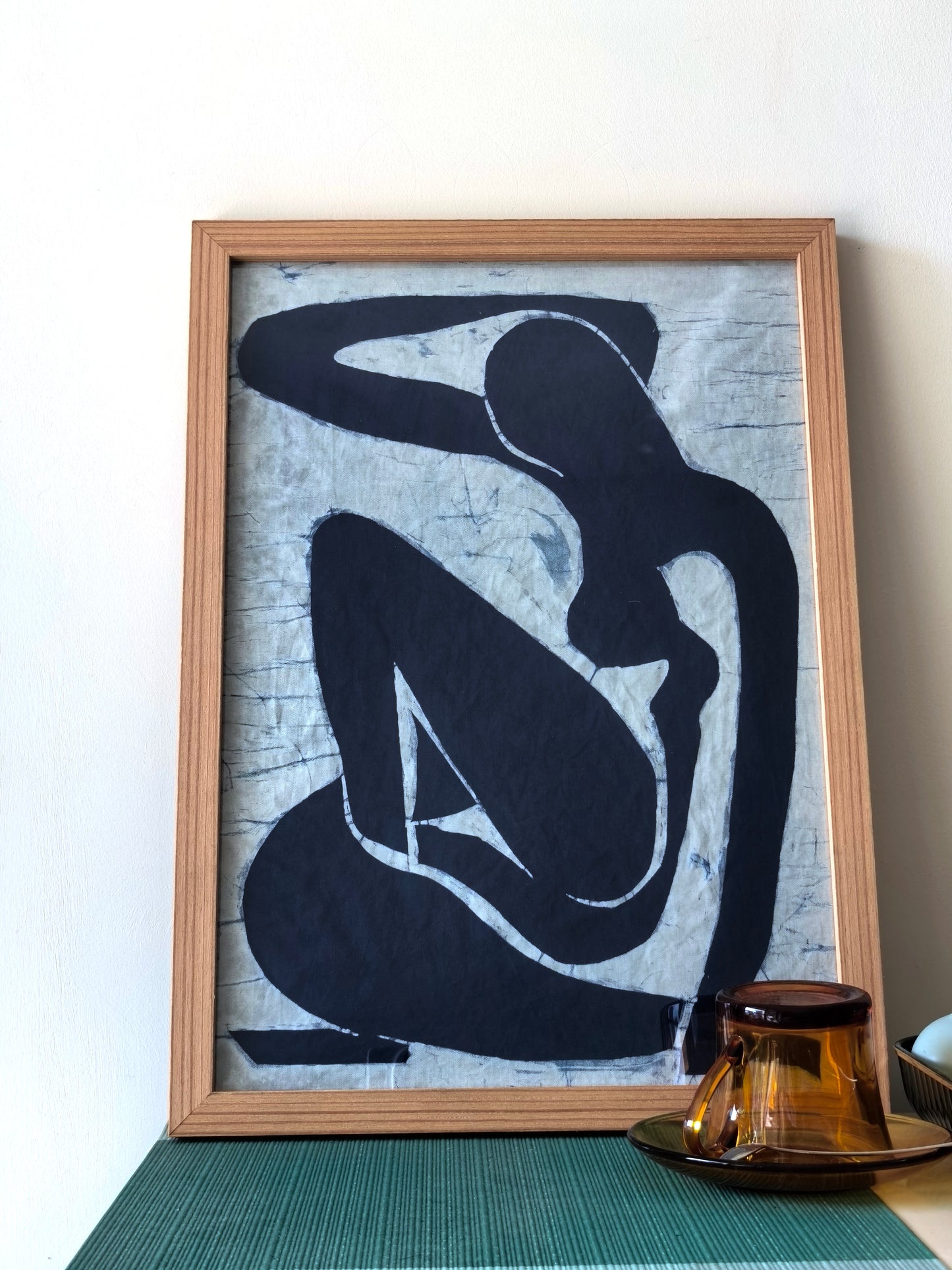 Handmade Indigo Batik Wall Art | Homage to Matisse Blue Nude | Abstract Figurative Textile Art on Linen | Modern Minimalist Framed Decor