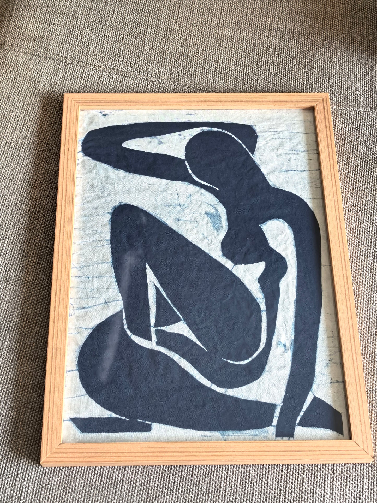 Handmade Indigo Batik Wall Art | Homage to Matisse Blue Nude | Abstract Figurative Textile Art on Linen | Modern Minimalist Framed Decor