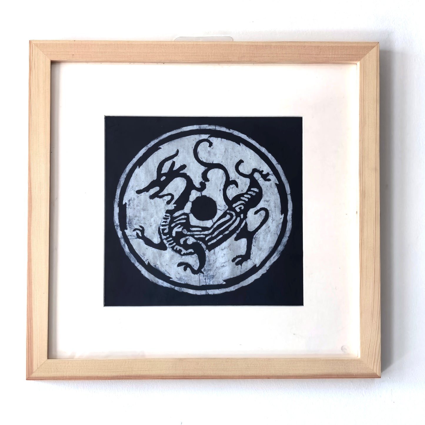 Handmade Indigo Batik Four Sacred Beasts Wall Art | Chinese Mythical Animal Textile Art | Framed Fiber Wall Decor | Japandi Home Decor