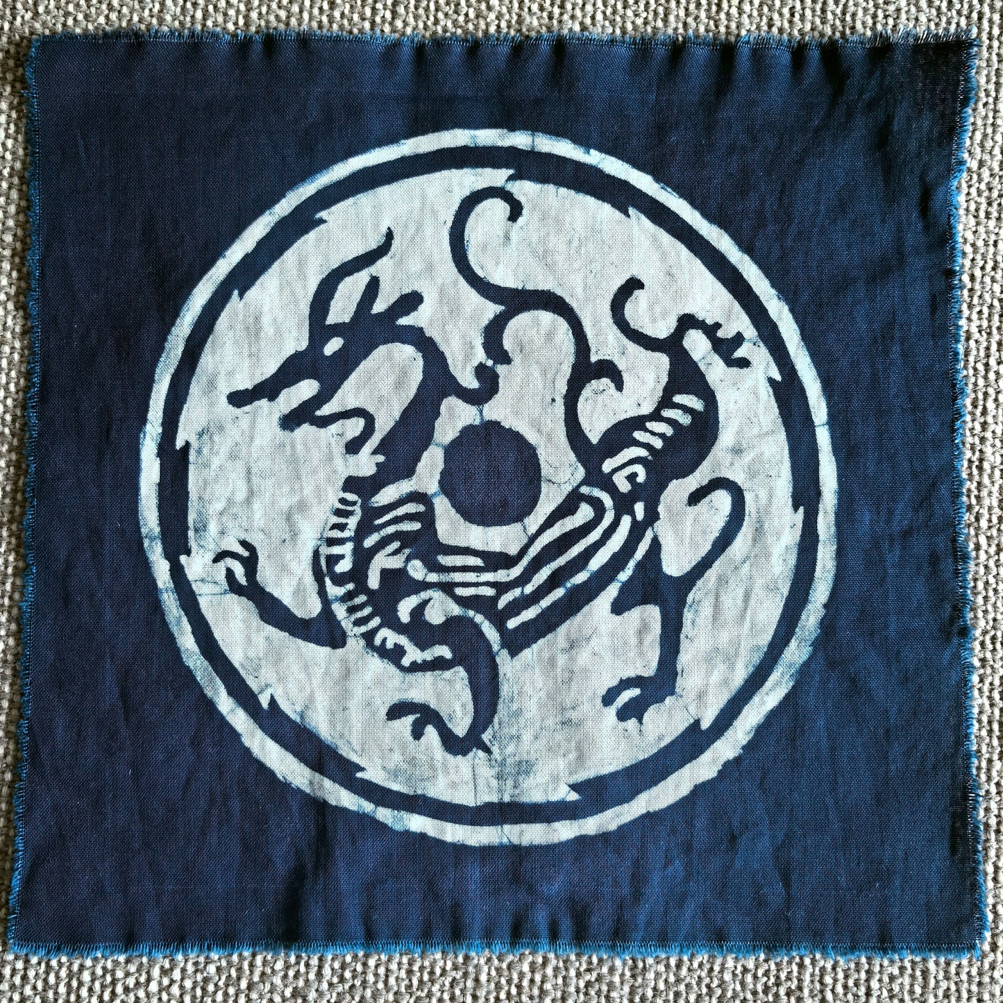 Handmade Indigo Batik Four Sacred Beasts Wall Art | Chinese Mythical Animal Textile Art | Framed Fiber Wall Decor | Japandi Home Decor