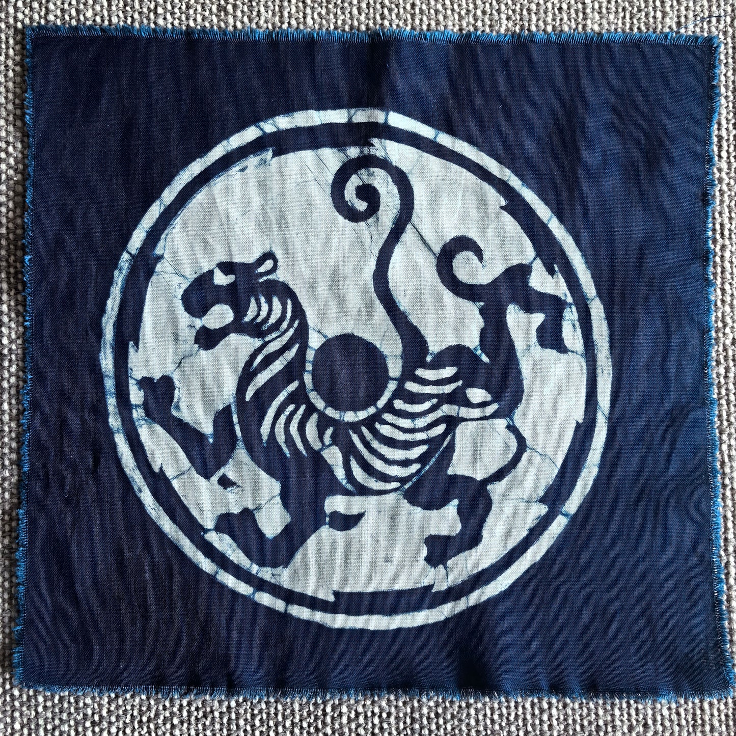 Handmade Indigo Batik Four Sacred Beasts Wall Art | Chinese Mythical Animal Textile Art | Framed Fiber Wall Decor | Japandi Home Decor