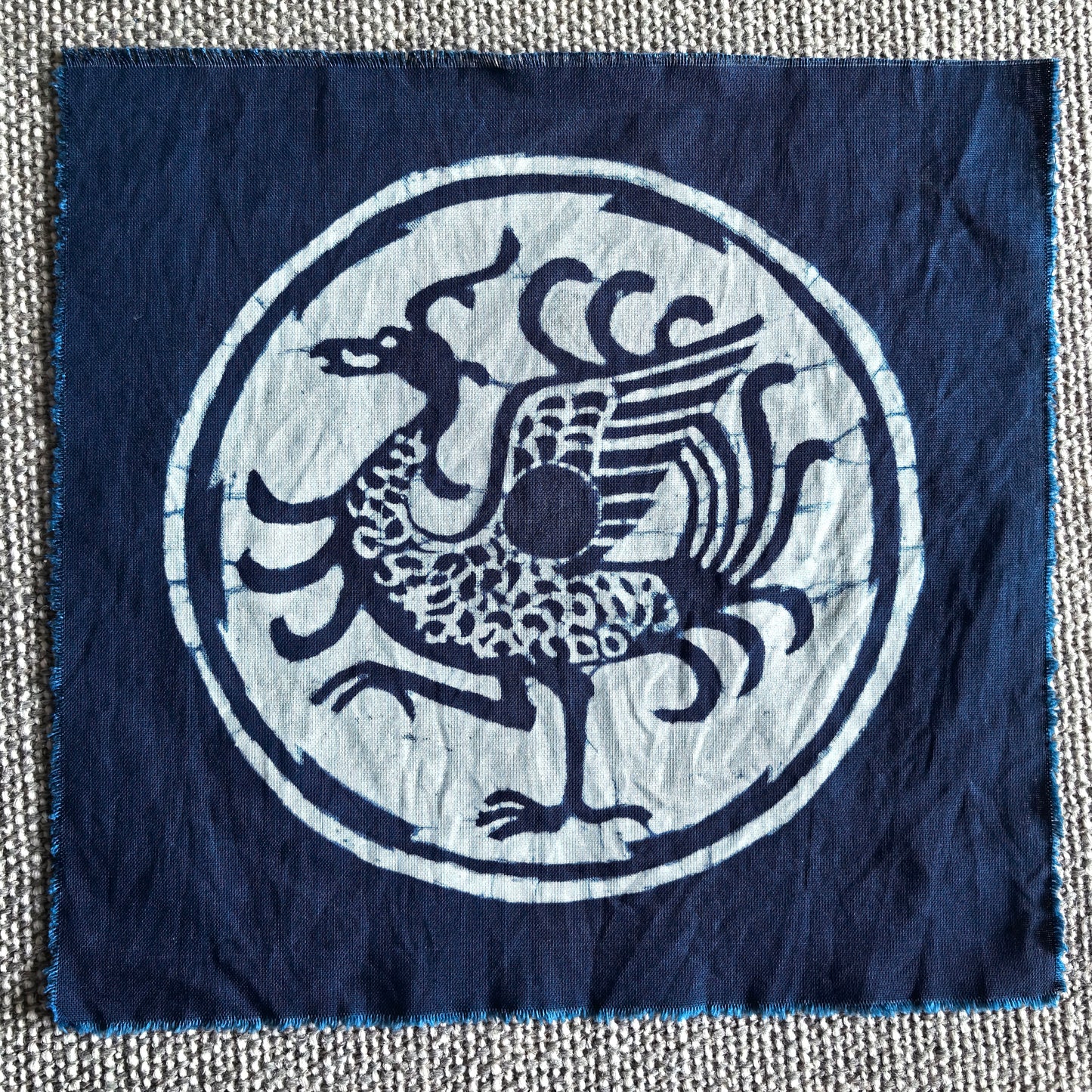 Handmade Indigo Batik Four Sacred Beasts Wall Art | Chinese Mythical Animal Textile Art | Framed Fiber Wall Decor | Japandi Home Decor