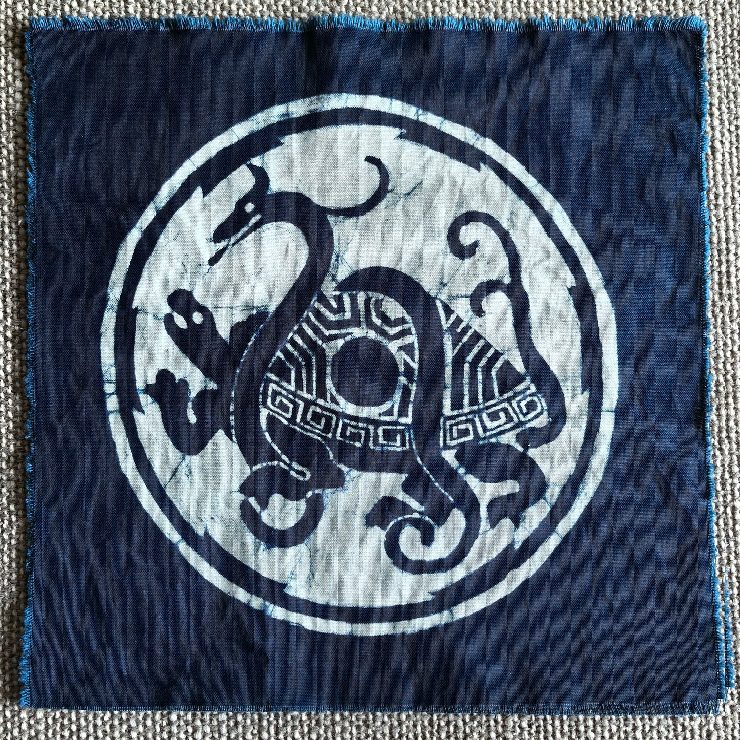 Handmade Indigo Batik Four Sacred Beasts Wall Art | Chinese Mythical Animal Textile Art | Framed Fiber Wall Decor | Japandi Home Decor
