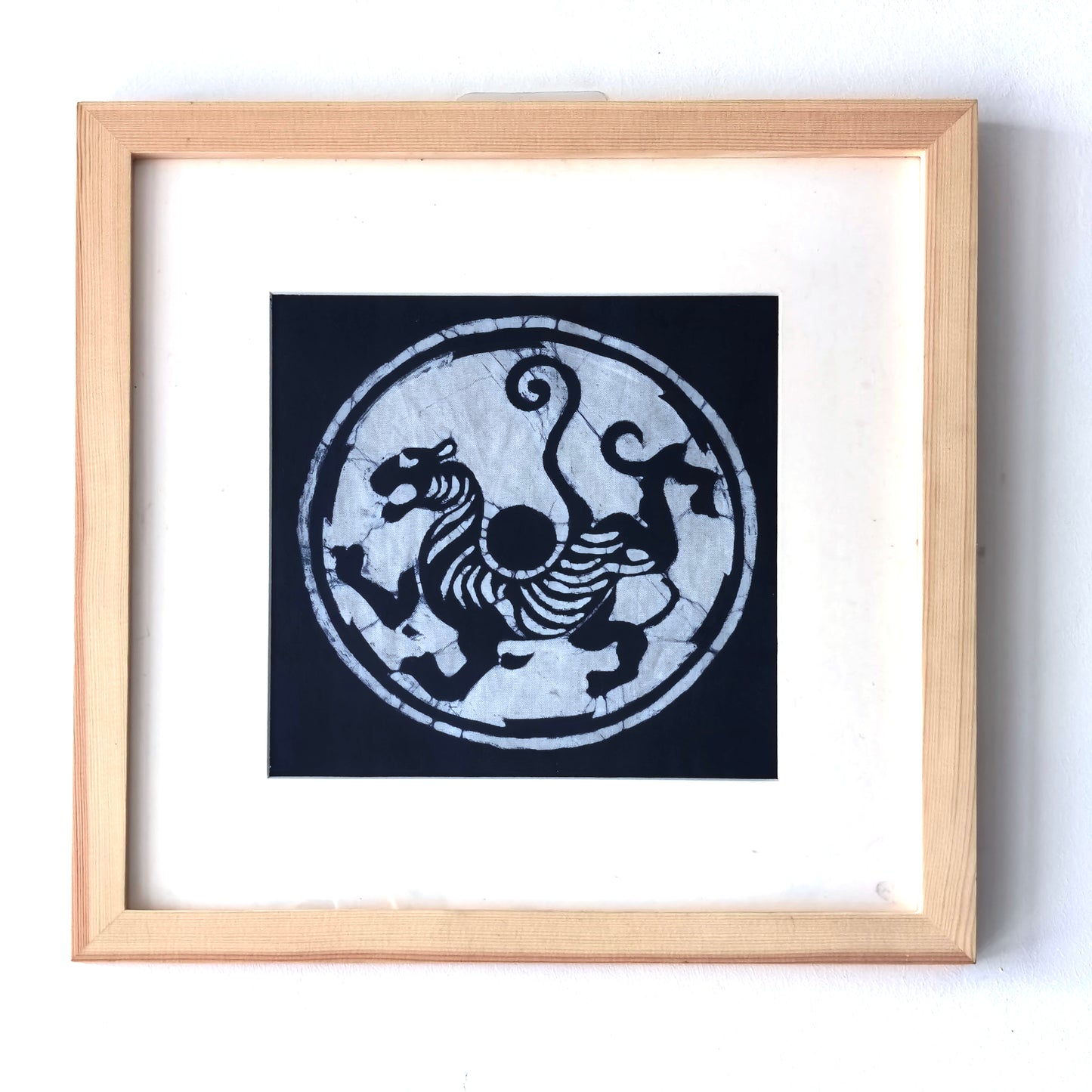 Handmade Indigo Batik Four Sacred Beasts Wall Art | Chinese Mythical Animal Textile Art | Framed Fiber Wall Decor | Japandi Home Decor
