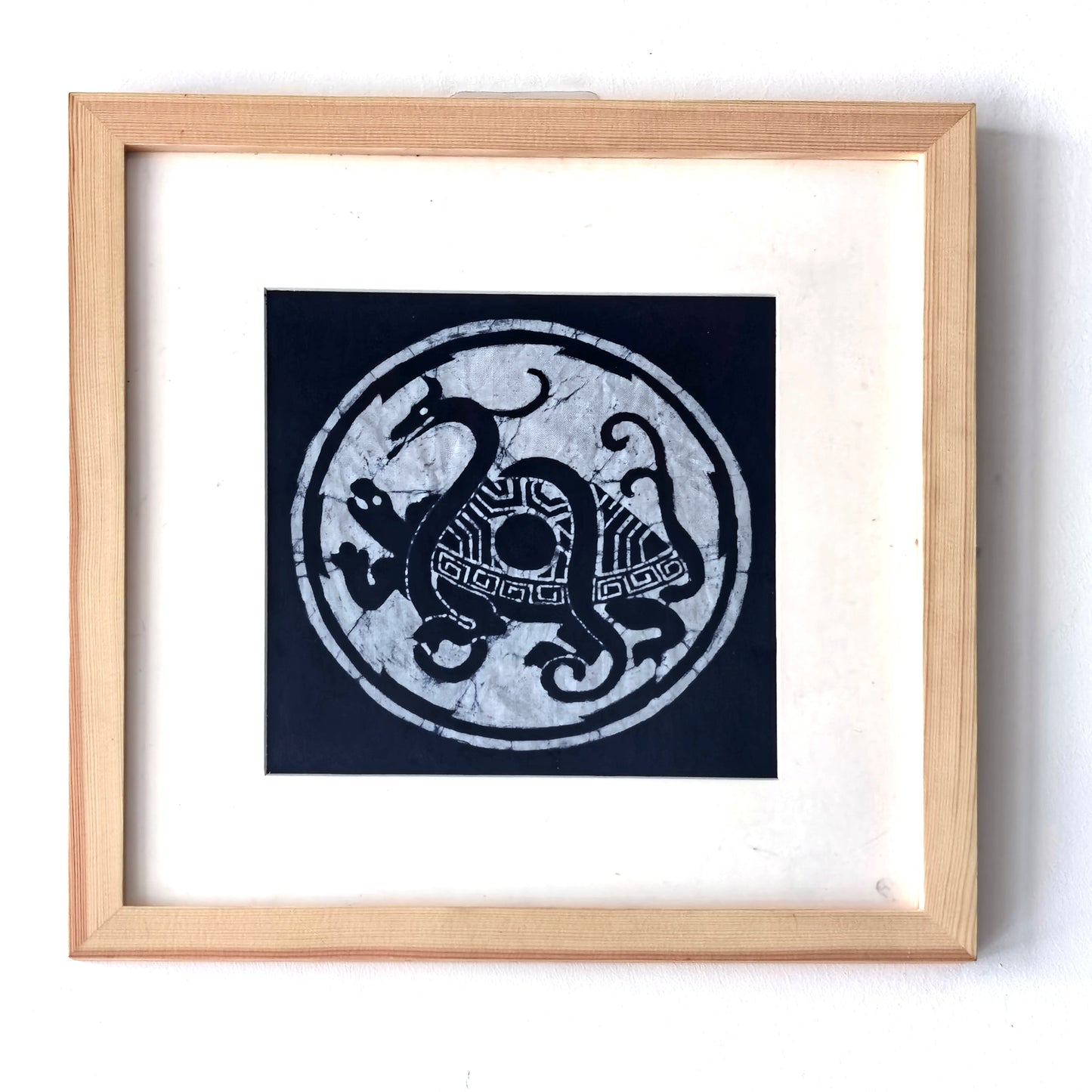 Handmade Indigo Batik Four Sacred Beasts Wall Art | Chinese Mythical Animal Textile Art | Framed Fiber Wall Decor | Japandi Home Decor