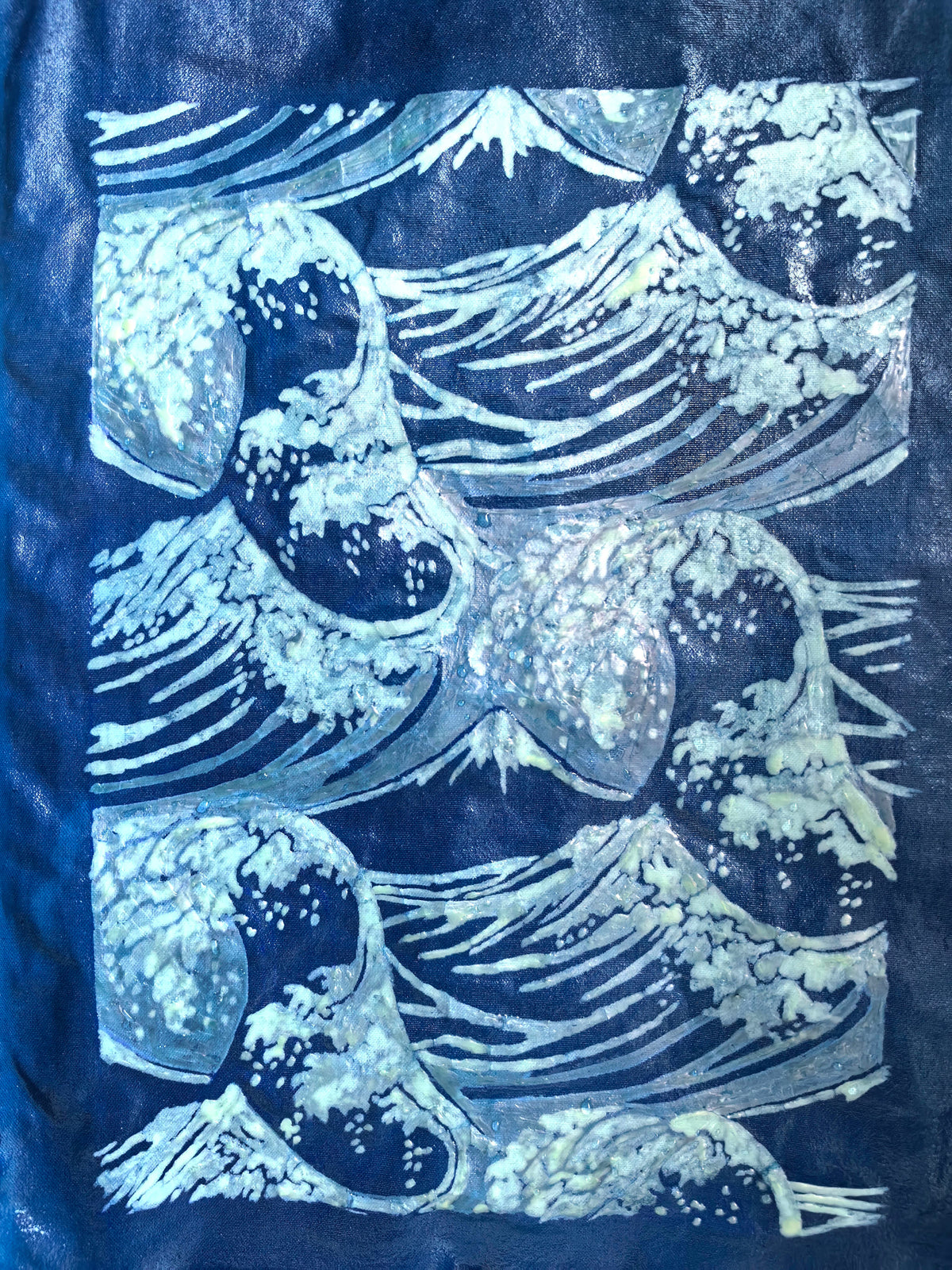Ocean Waves Batik Wall Art – Handmade Indigo Textile Art, Coastal Wall Decor, Dorm & Apartment Decor, A4 Framed or Unframed