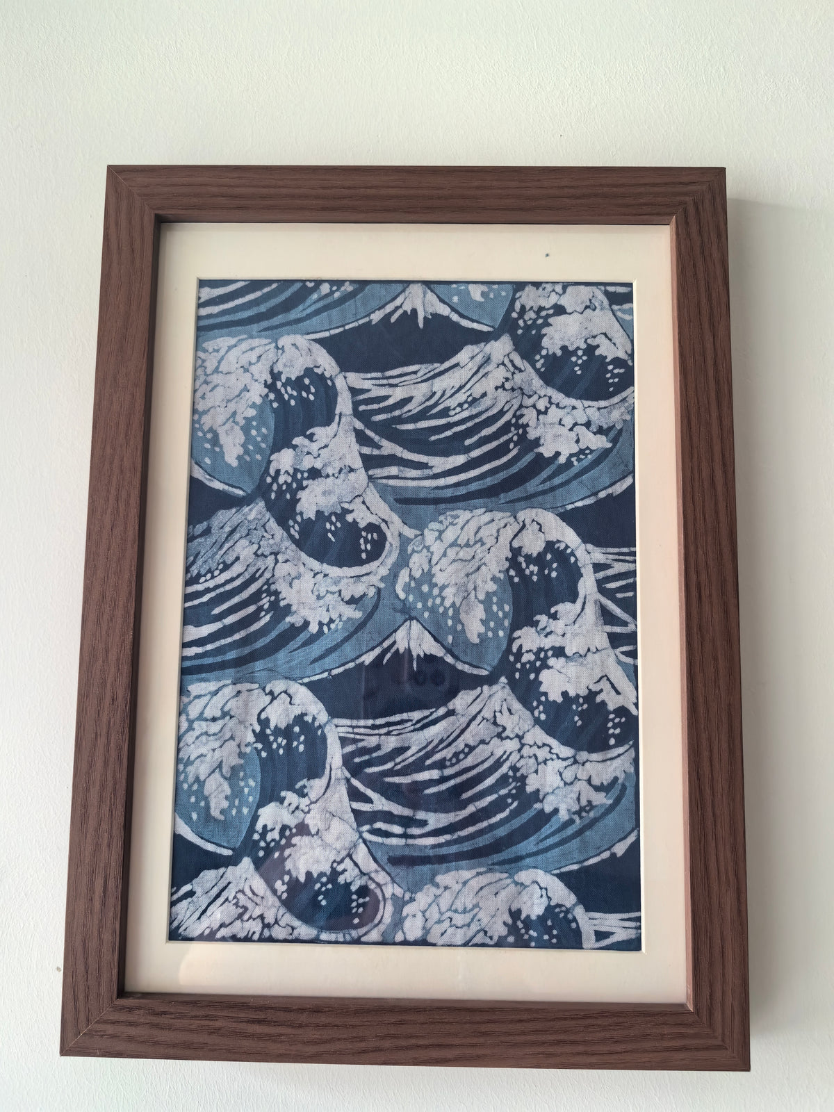 Ocean Waves Batik Wall Art – Handmade Indigo Textile Art, Coastal Wall Decor, Dorm & Apartment Decor, A4 Framed or Unframed
