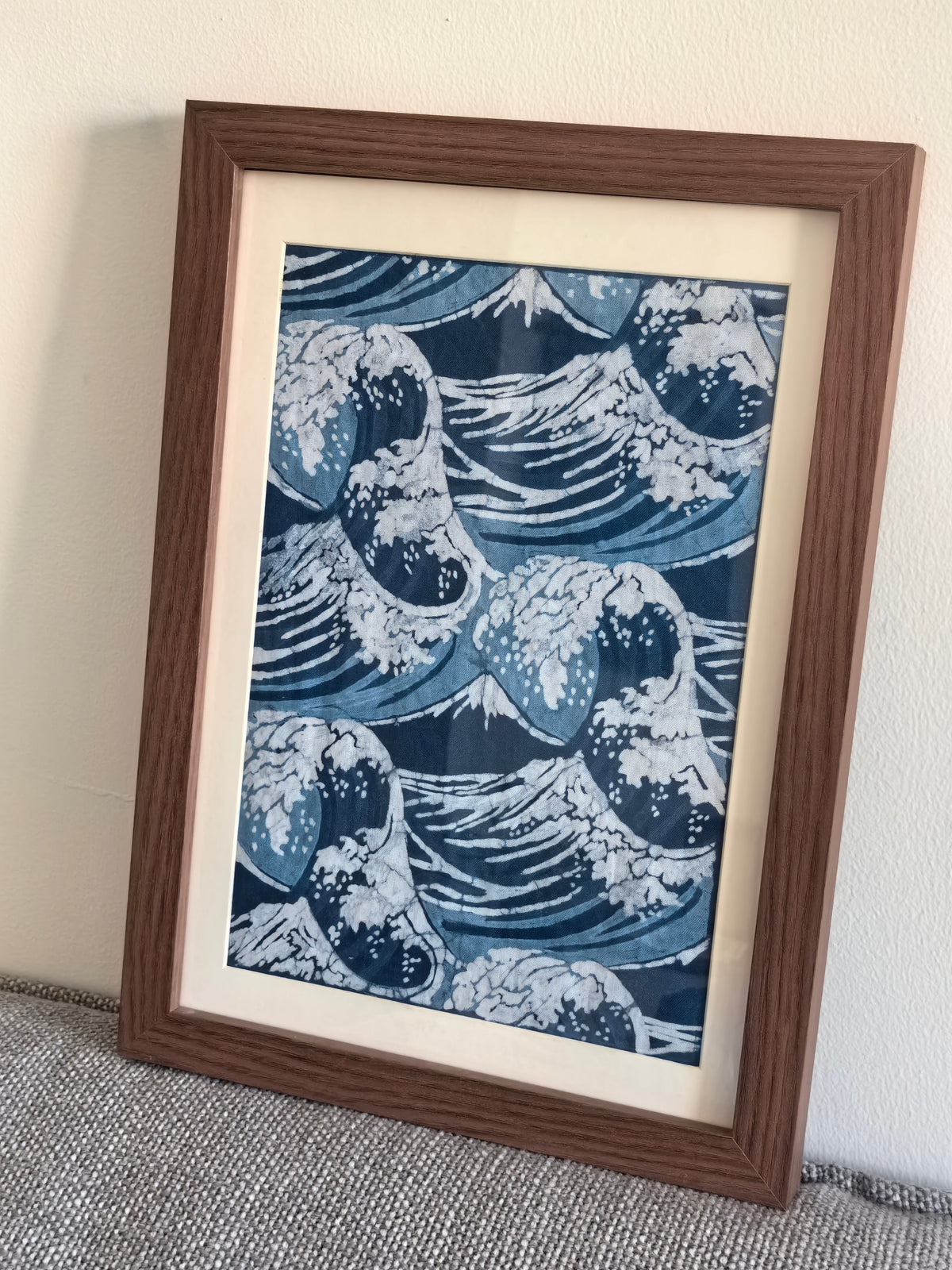 Ocean Waves Batik Wall Art – Handmade Indigo Textile Art, Coastal Wall Decor, Dorm & Apartment Decor, A4 Framed or Unframed