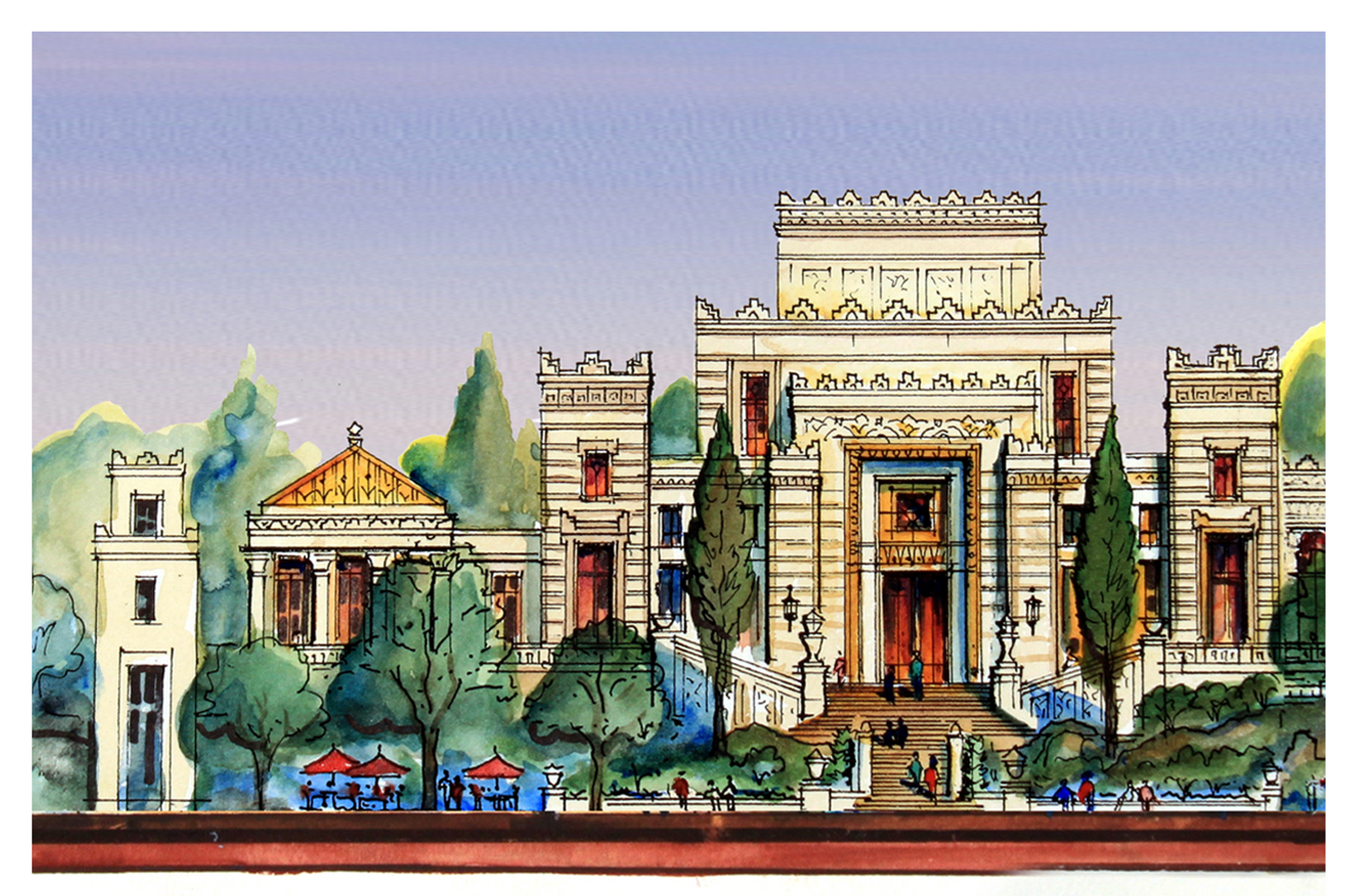 AP-07: Dreams of the Golden Kingdom – Color Edition | Limited Edition Signed Panoramic Art Print (8x38) by Kurt Xu | Architectural Cityscape Wall Art (Unframed)