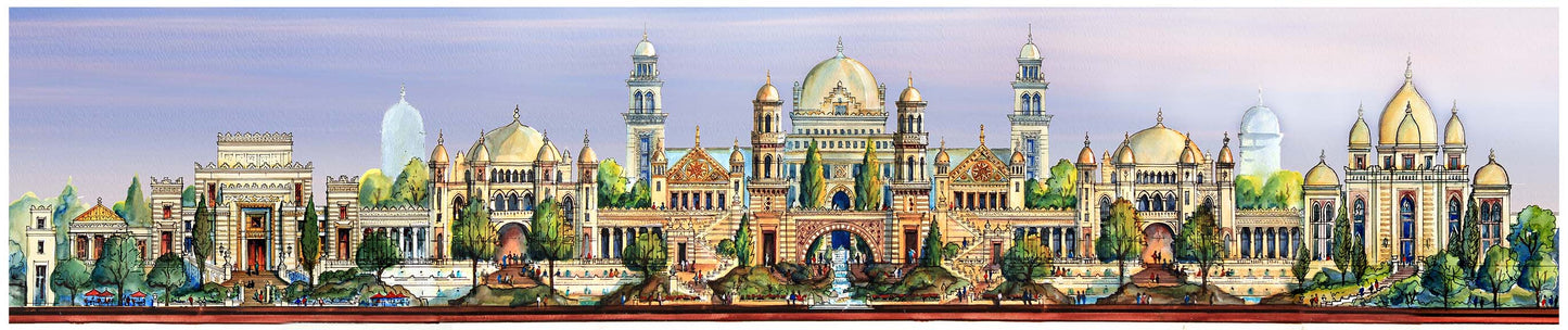 AP-07: Dreams of the Golden Kingdom – Color Edition | Limited Edition Signed Panoramic Art Print (8x38) by Kurt Xu | Architectural Cityscape Wall Art (Unframed)