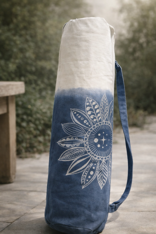 Sunflower Yoga Mat Bag, Hand-painted Batik Yoga Mat Bag, Indigo Dyed Cotton Canvas Yoga Mat Carrier, Boho Yoga Tote Bag #BA05E