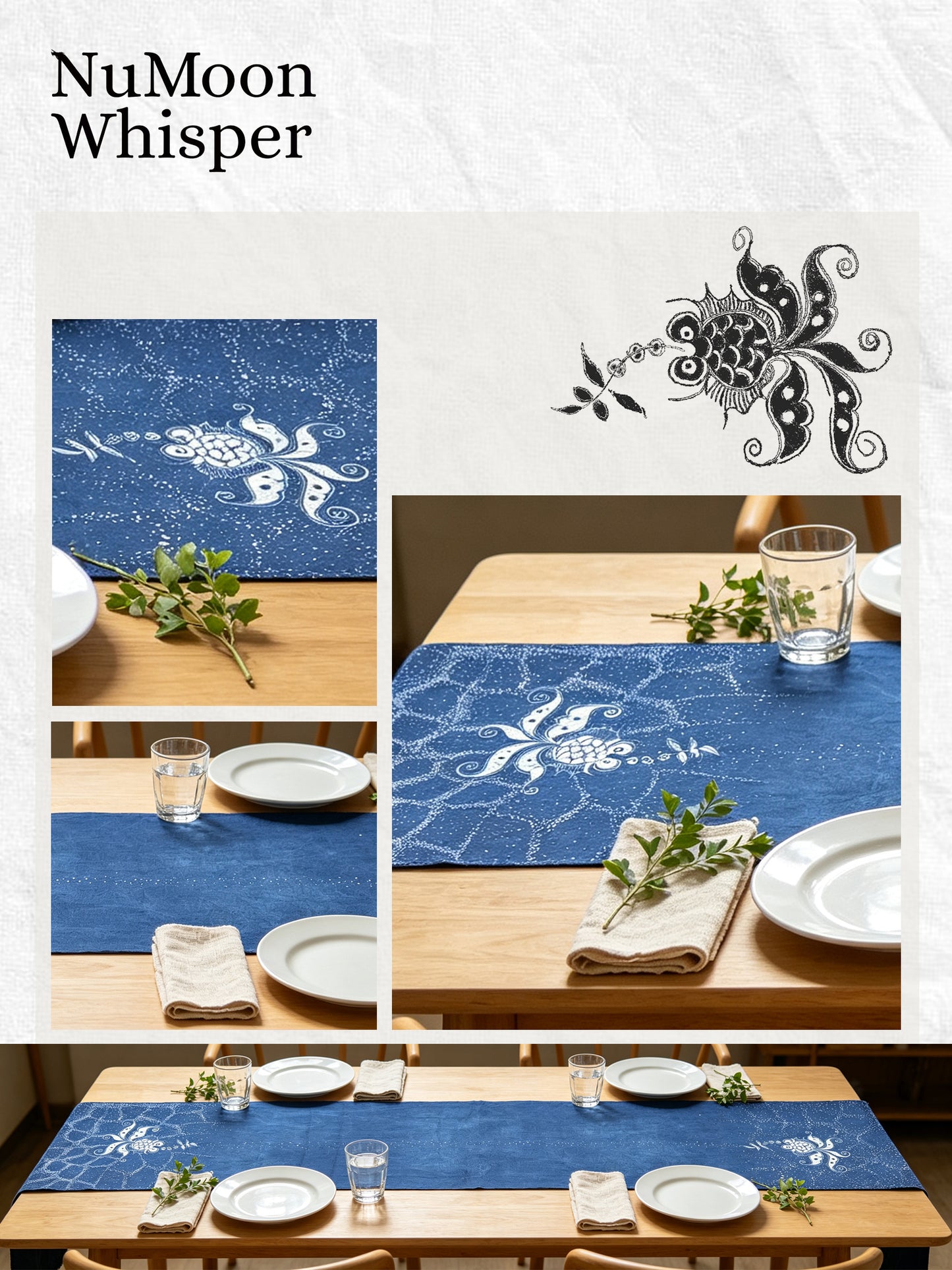 Handmade Indigo Batik Goldfish Table Runner, Vintage Homespun Cotton, Natural Indigo Dining Table Décor, Bubble Fish Design