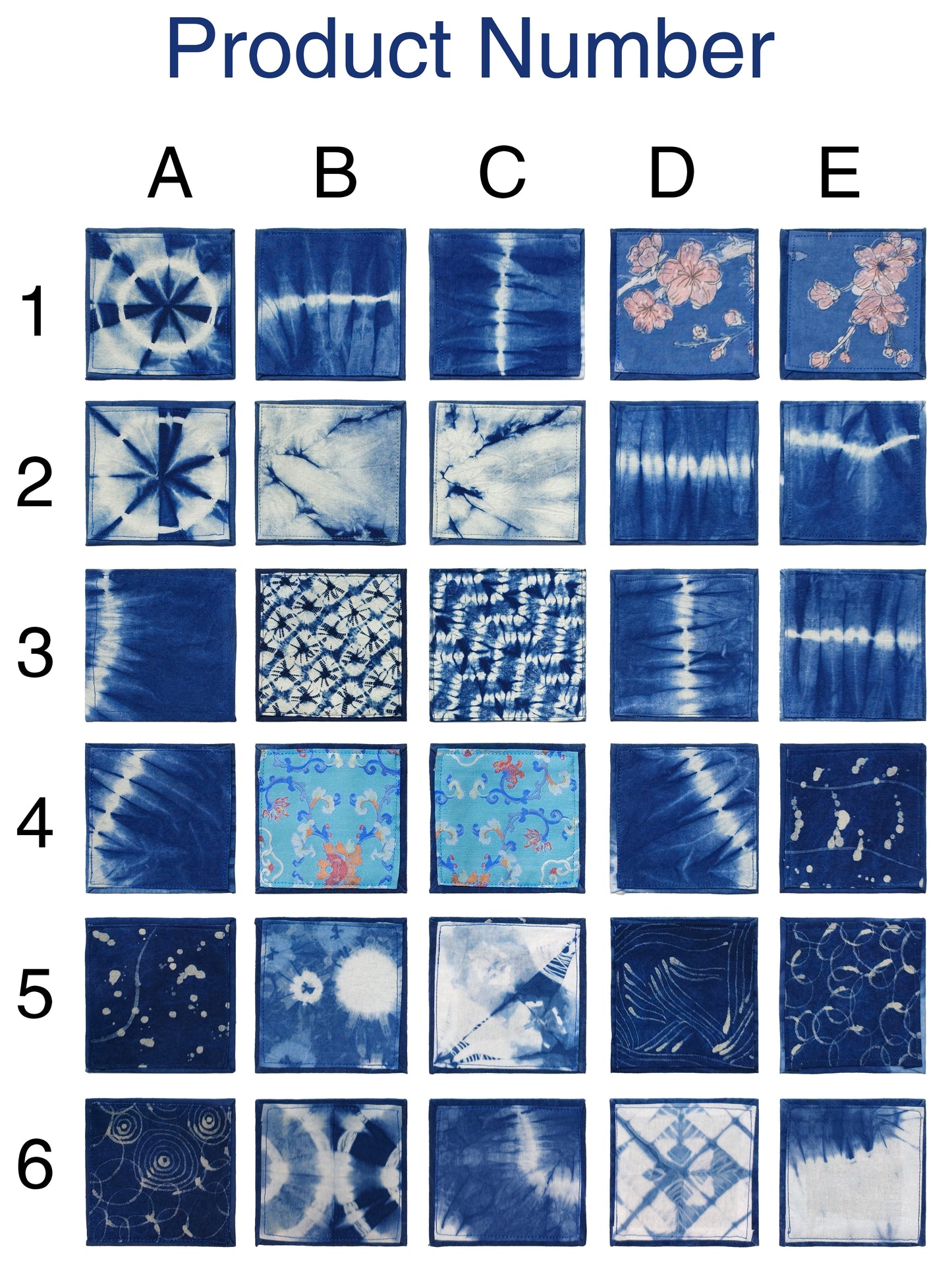 Grid of tie-dye patterns labeled A to E with numbers 1 to 6, showcasing various blue and white color combinations.