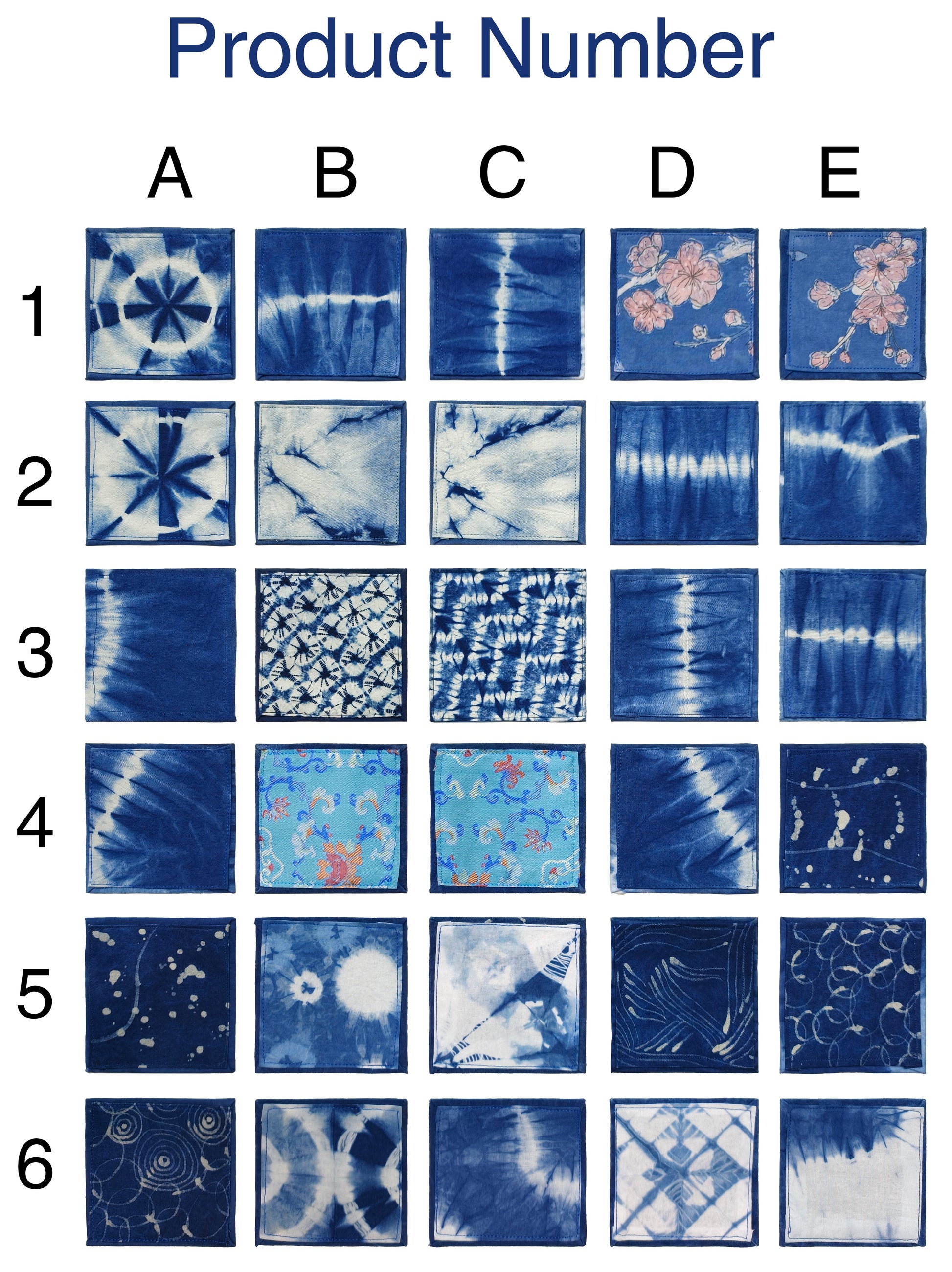 Grid of tie-dye patterns labeled A to E with numbers 1 to 6, showcasing various blue and white color combinations.