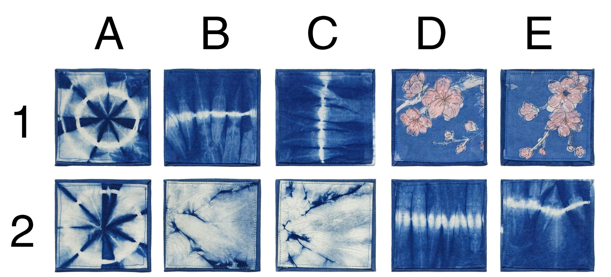 Patterned fabric swatches labeled A to E with different tie-dye designs.