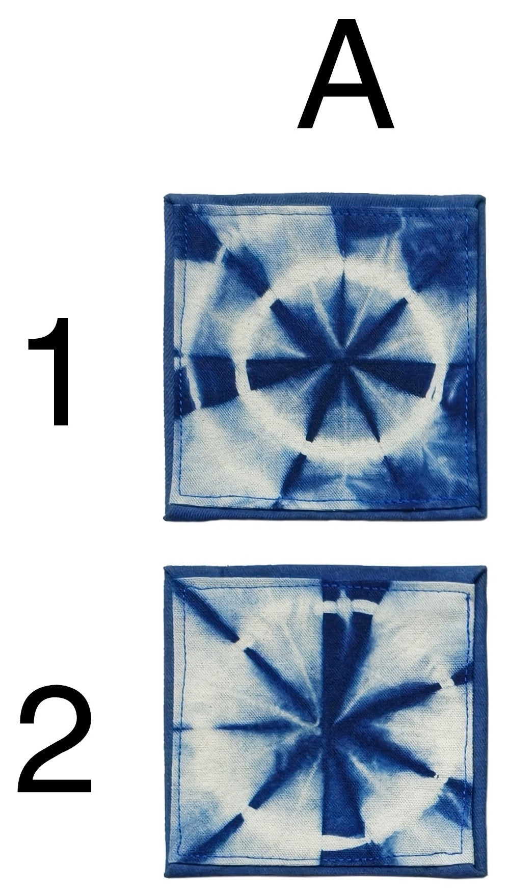 Two blue tie-dye patterns labeled 1 and 2 on a white background.