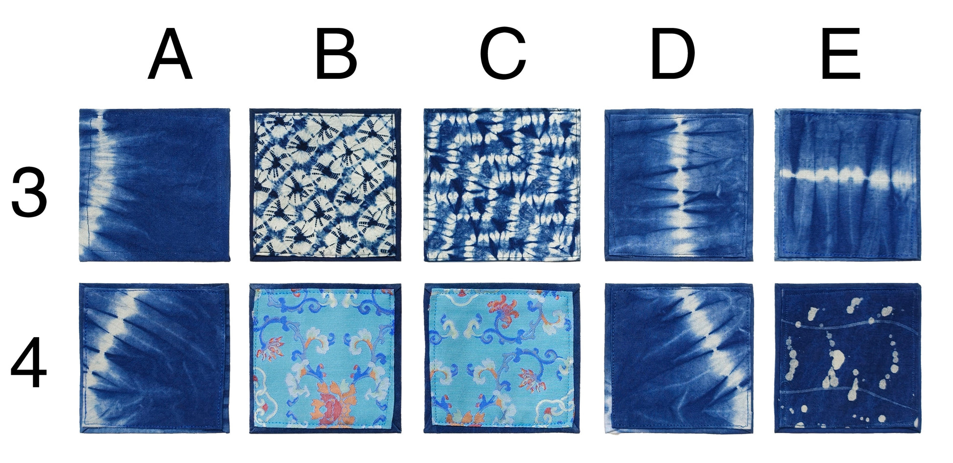 Grid of blue fabric swatches with various patterns and textures