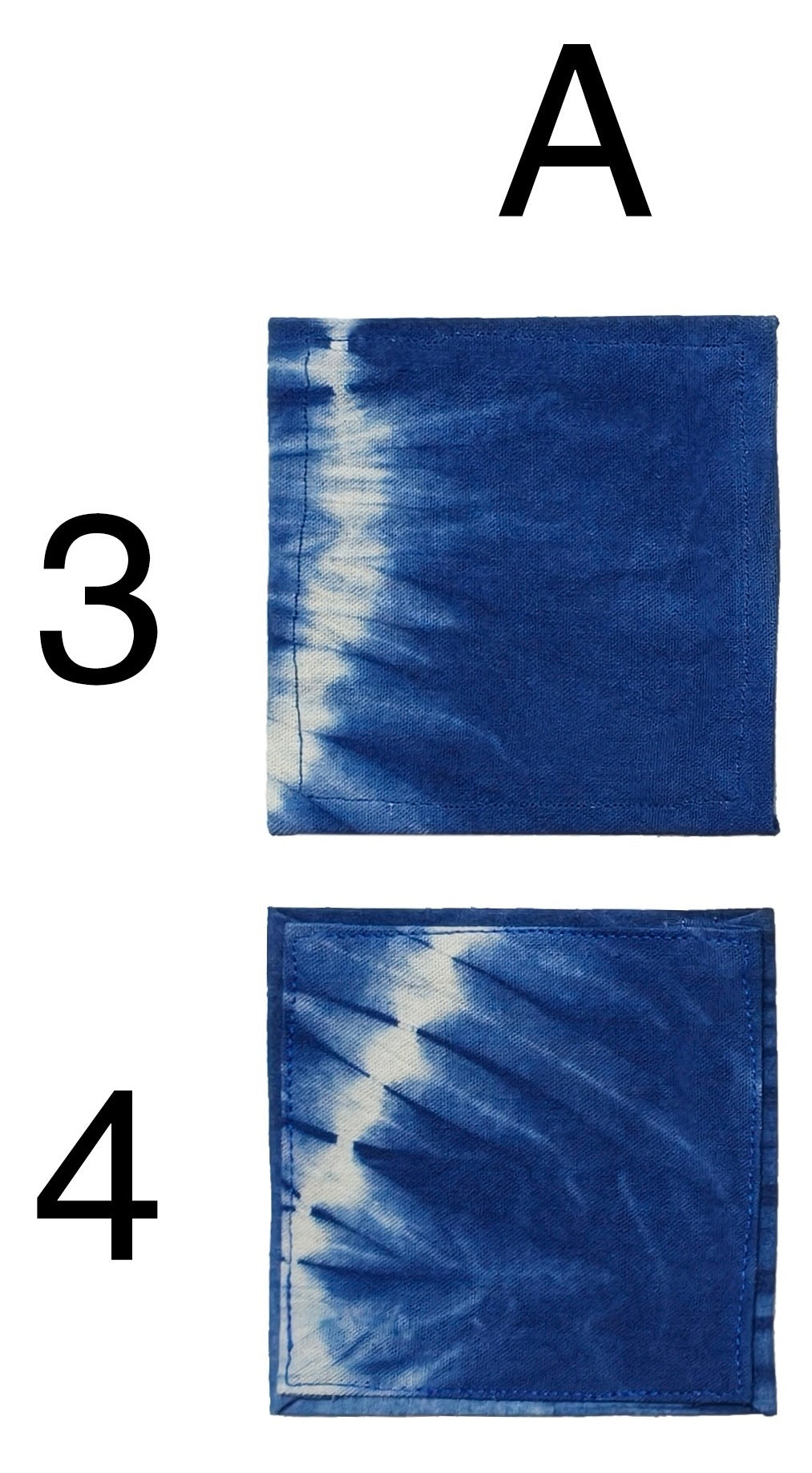 Two blue tie-dye fabric samples labeled '3' and '4' on a white background.
