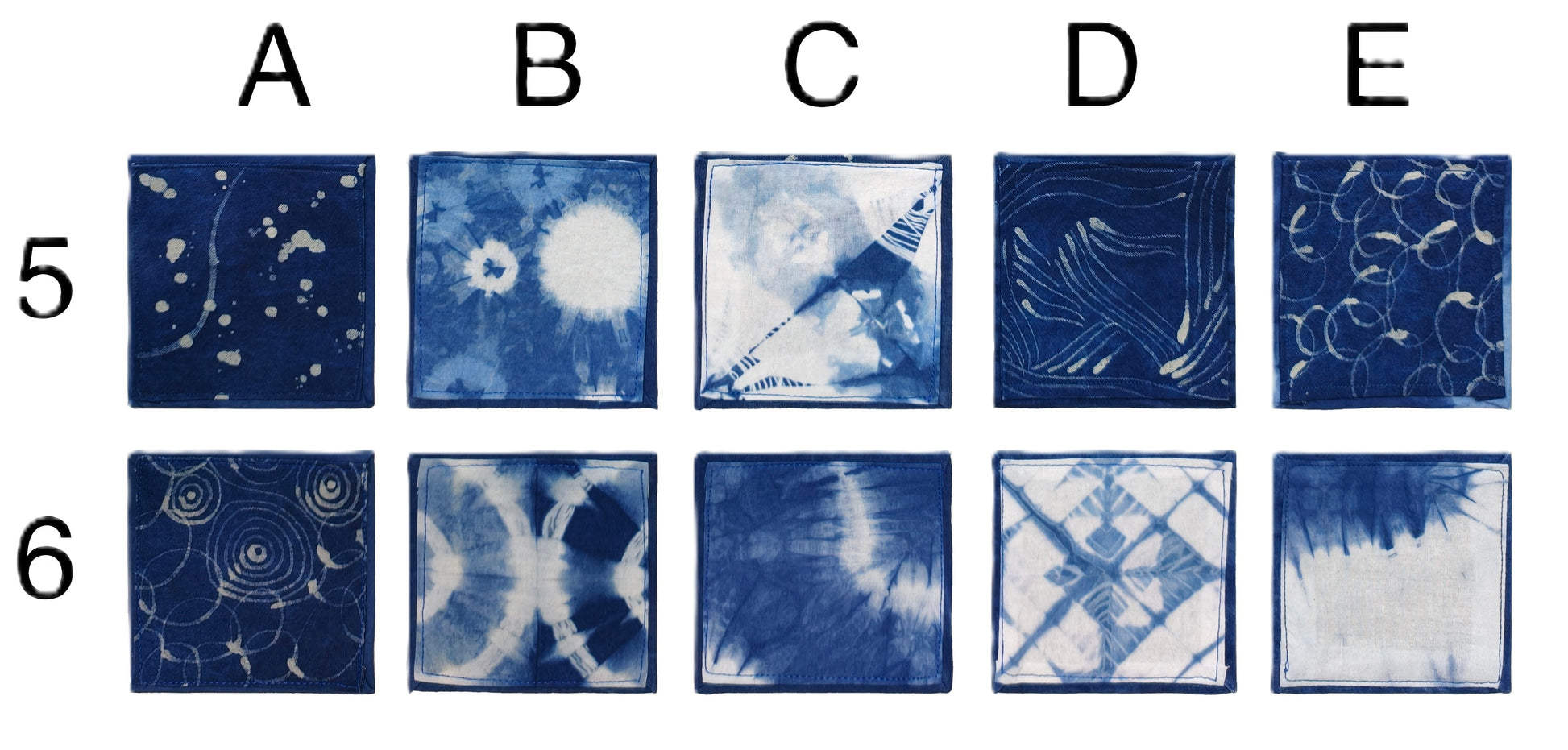 Grid of blue and white tie-dye patterns labeled A to E.