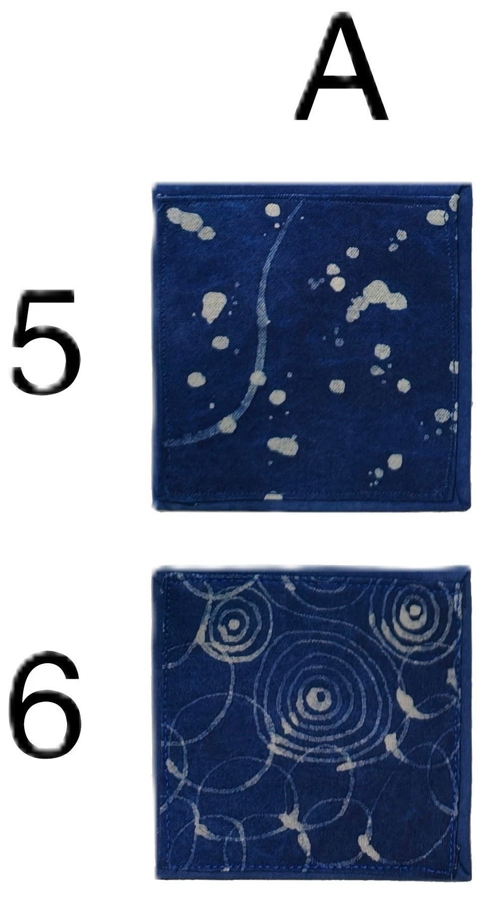 Two blue patches with white patterns labeled 'A', '5', and '6' on a white background.