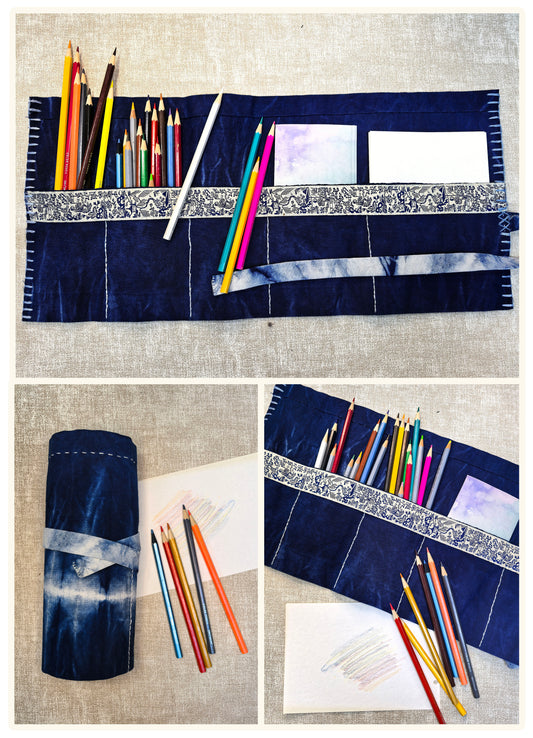 BA-23: Blue Whisper Indigo Roll Bag – Handmade Cotton Organizer –  One of a Kind Makeup & Pencil Case