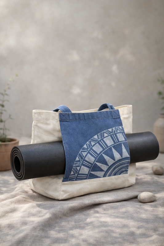 Handmade Batik Yoga Mat Tote Bag, 2-in-1 Canvas Shoulder Bag for Yoga, Gym Daily Use, Boho Blue Indigo Dye Tote with Yoga Mat HolderTote Bag -  Batik Canvas Tote Bag, Hand-painted art collectors, One of a Kind Cotton Carry Bag #BA05F