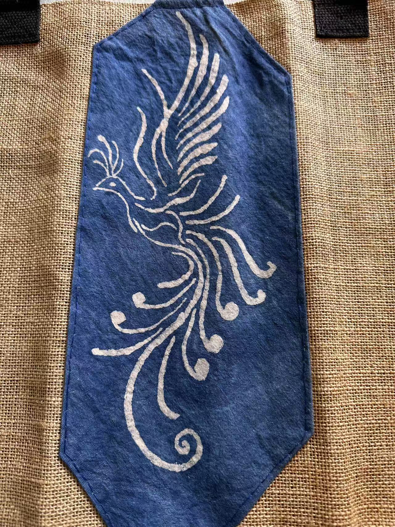 Handmade Jute Tote Bag, Double-Sided Indigo Batik Nüshu & Phoenix Design, Artisan Eco-Friendly Shoulder Bag