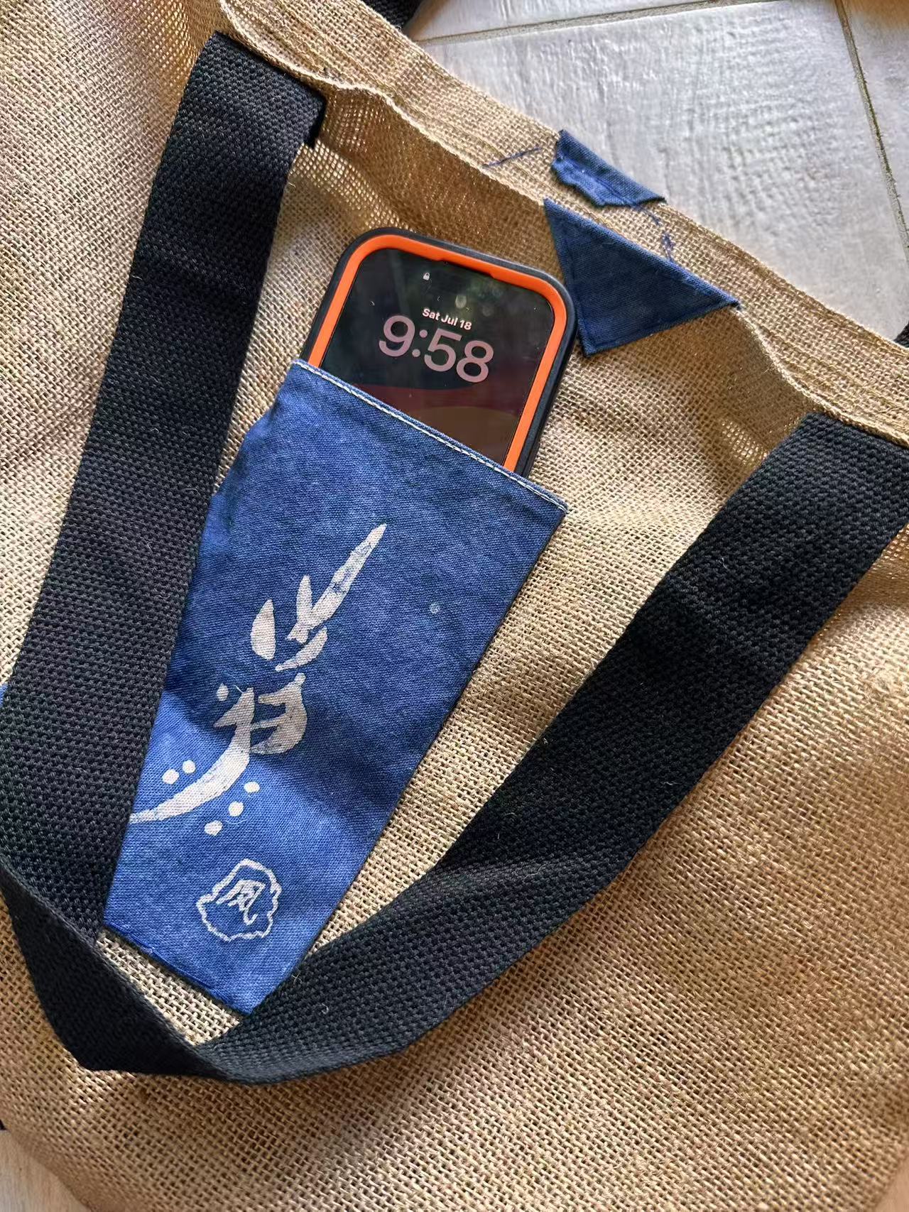Handmade Jute Tote Bag, Double-Sided Indigo Batik Nüshu & Phoenix Design, Artisan Eco-Friendly Shoulder Bag