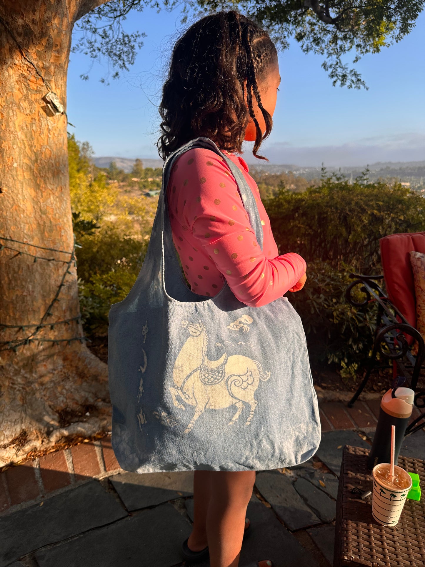 Hand-Dyed Indigo Batik Horse Tote Bag, Blue & White Cotton Shoulder Bag, Horse Lover Gift, One of a Kind Artisan Bag