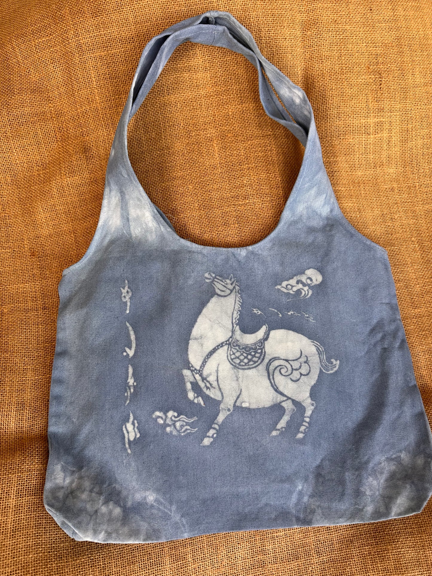 Hand-Dyed Indigo Batik Horse Tote Bag, Blue & White Cotton Shoulder Bag, Horse Lover Gift, One of a Kind Artisan Bag