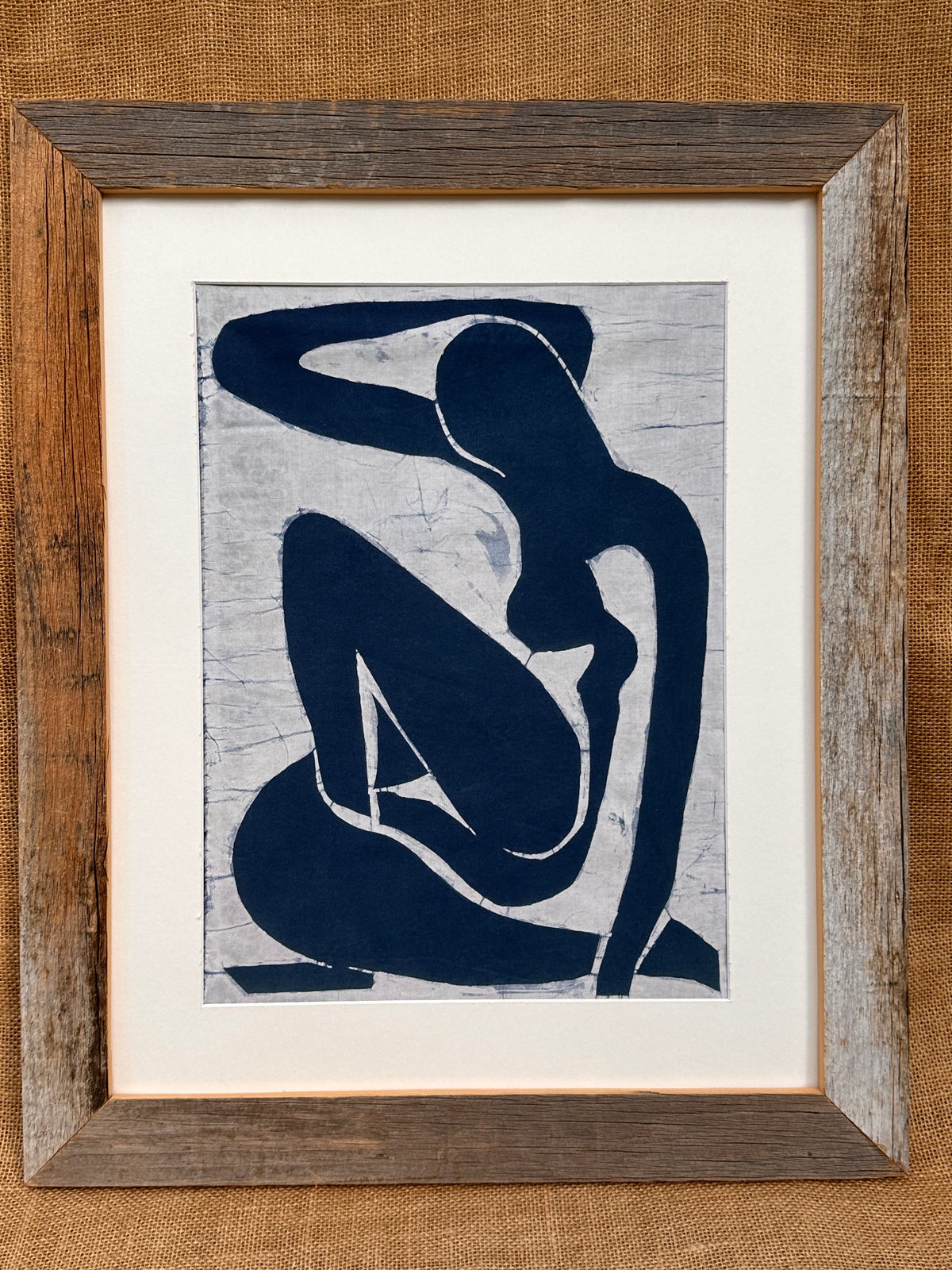 Handmade Indigo Batik Wall Art | Homage to Matisse Blue Nude | Abstract Figurative Textile Art on Linen | Modern Minimalist Framed Decor