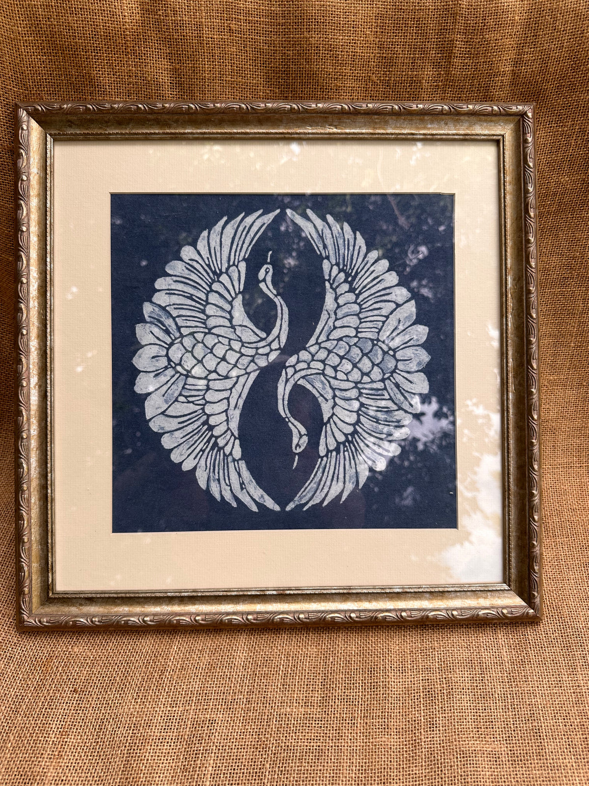 Indigo Batik Twin Cranes Linen Wall Art | Handmade Taiji Yin Yang Textile | Traditional Wax Resist Batik | Zen Home Décor | Meaningful Gift