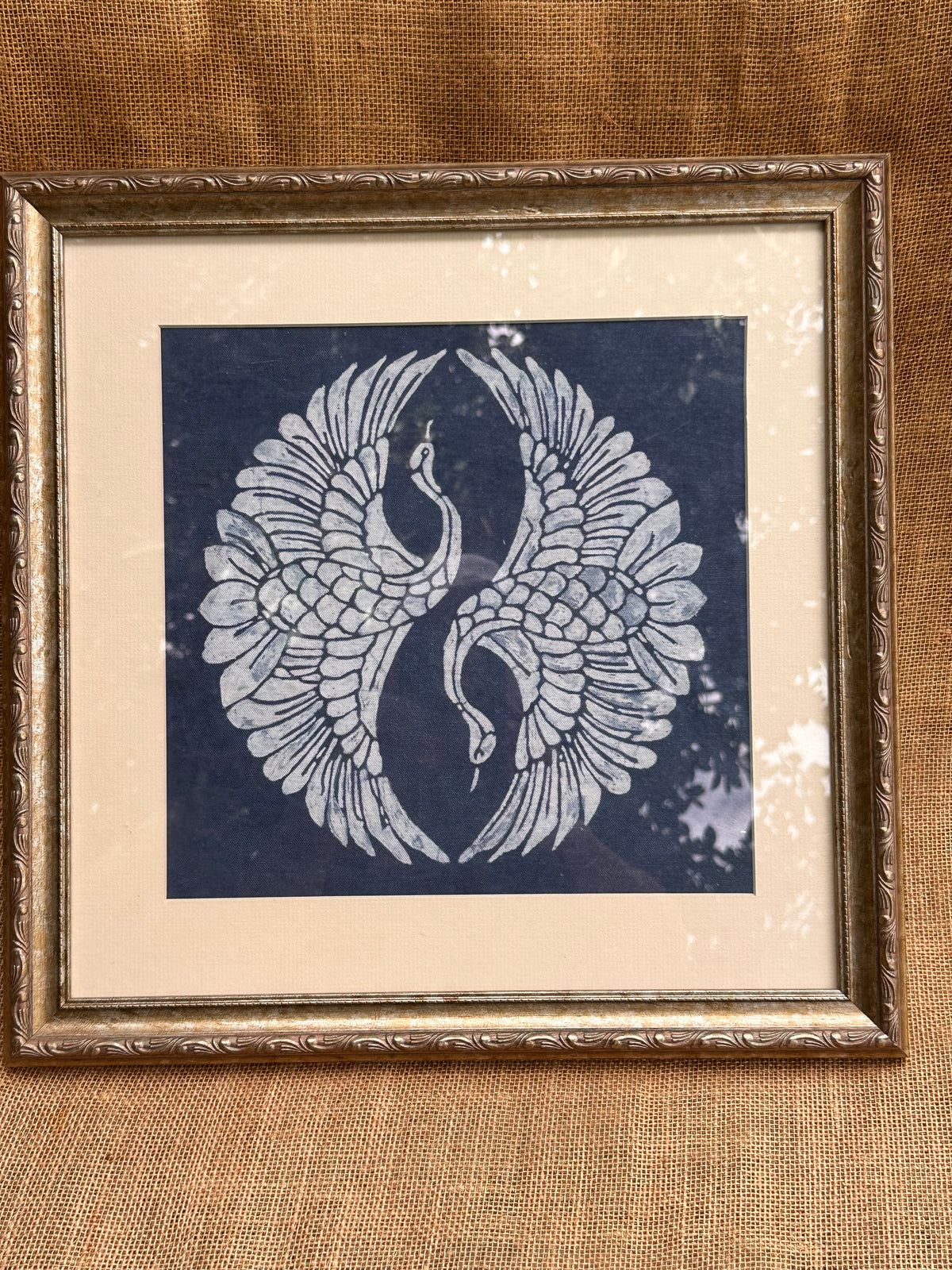 Indigo Batik Twin Cranes Linen Wall Art | Handmade Taiji Yin Yang Textile | Traditional Wax Resist Batik | Zen Home Décor | Meaningful Gift