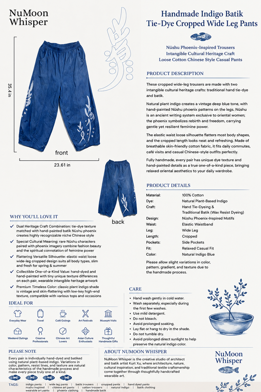 Hand Dyed Indigo Wide Leg Pants, Nüshu Phoenix Inspired Batik Trousers, Cropped Cotton Pants, Chinese Wearable Art