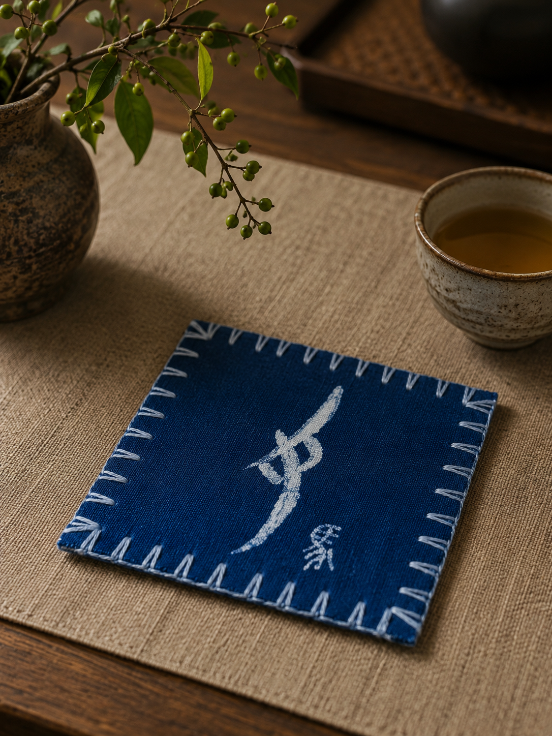 Handmade Indigo Batik Zodiac Coasters, Set of 12 Chinese Zodiac Tea Coasters, Nüshu Embroidered Cotton Drink Coasters