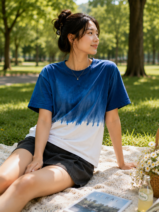 Handmade Indigo Gradient Tie-Dye T-Shirt | Natural Plant Indigo Cotton Tee | Ocean Wave Dip Dye Shirt | Unisex Handmade Shirt | Wearable Textile Art