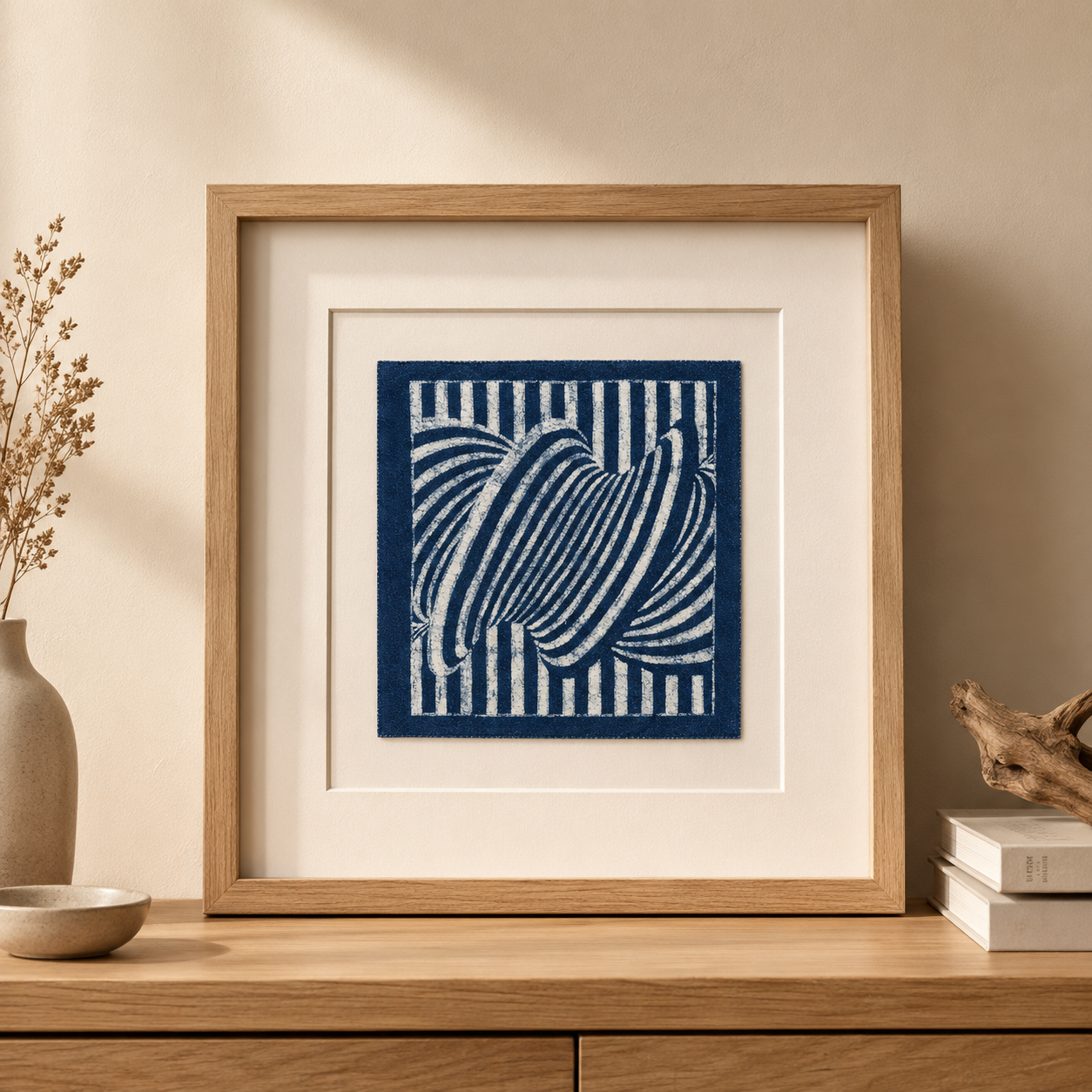 Handmade Indigo Batik Geometric Wall Art, Wood Framed Textile Art, Modern Abstract Indigo Home Décor