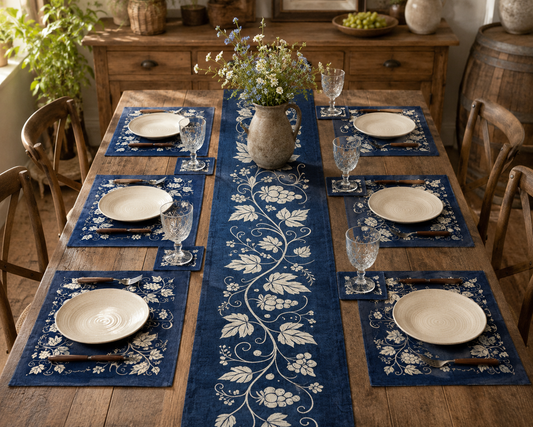Grapevine Batik Table Linen Set, 13 Piece Natural Indigo Table Runner Placemats & Coasters, Handmade Wine Lover Housewarming Gift