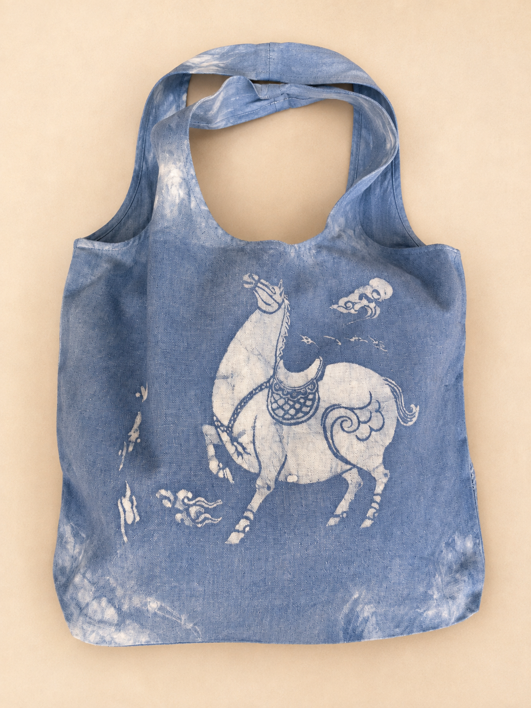 Hand-Dyed Indigo Batik Horse Tote Bag, Blue & White Cotton Shoulder Bag, Horse Lover Gift, One of a Kind Artisan Bag